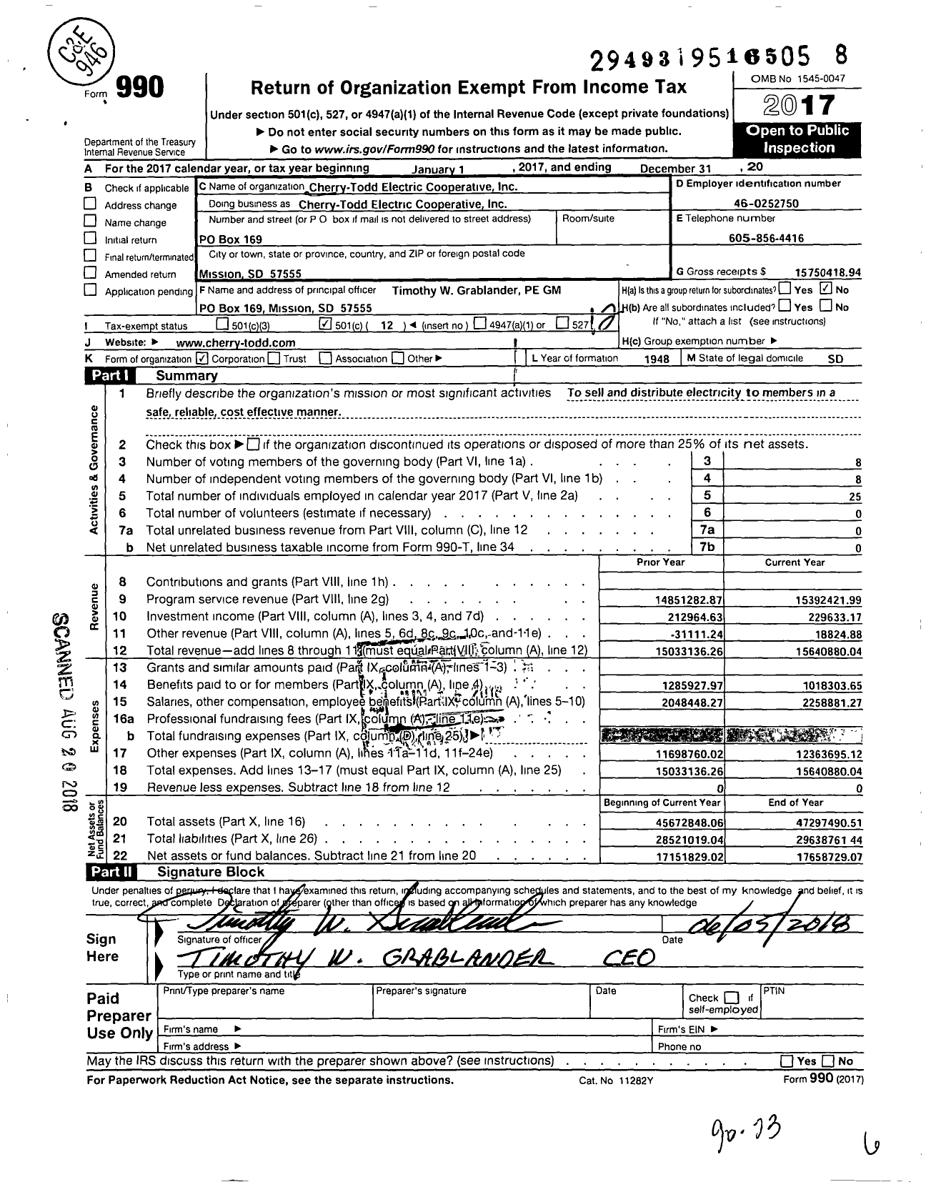 Image of first page of 2017 Form 990O for Cherry Todd Electric Cooperative