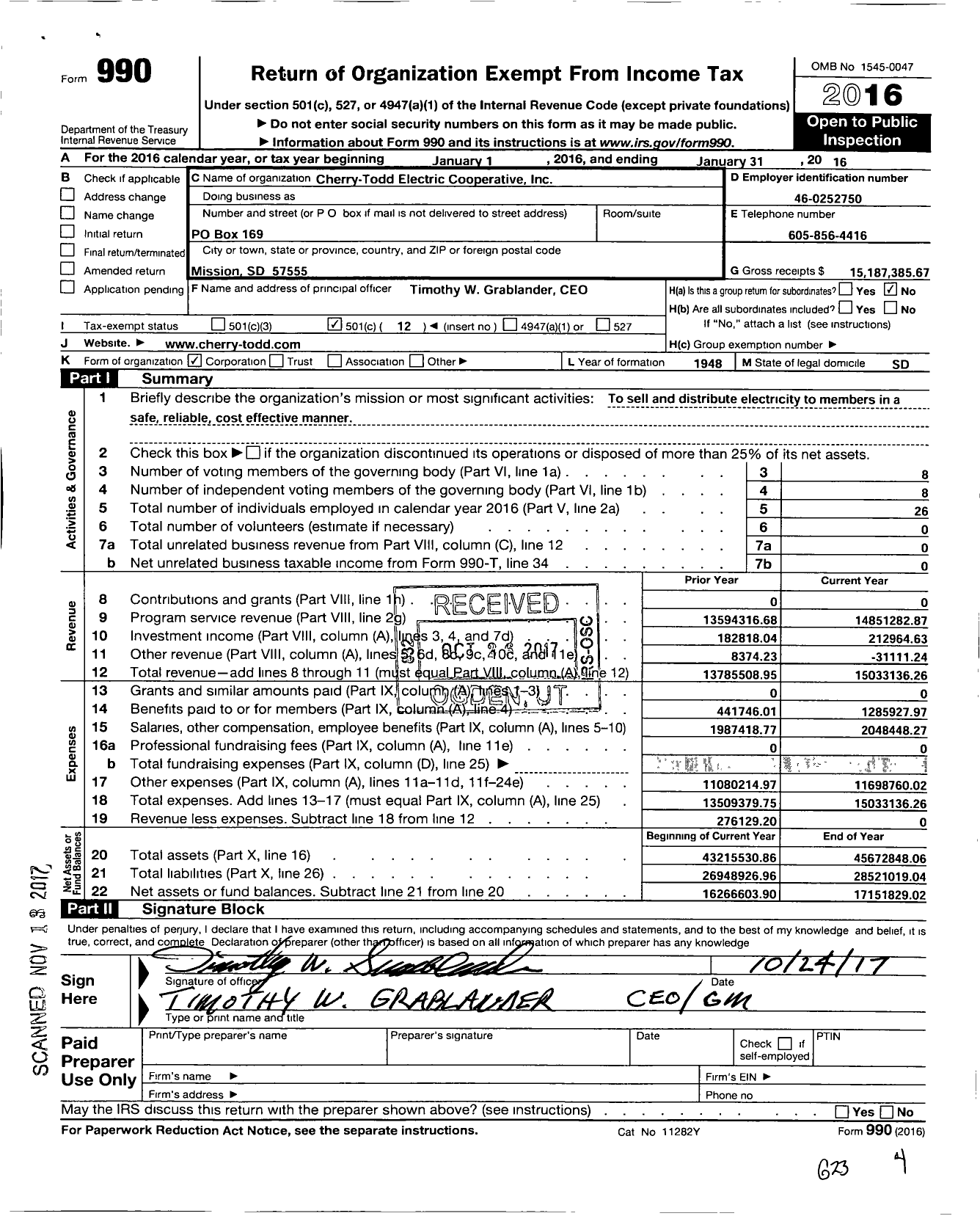 Image of first page of 2015 Form 990O for Cherry Todd Electric Cooperative