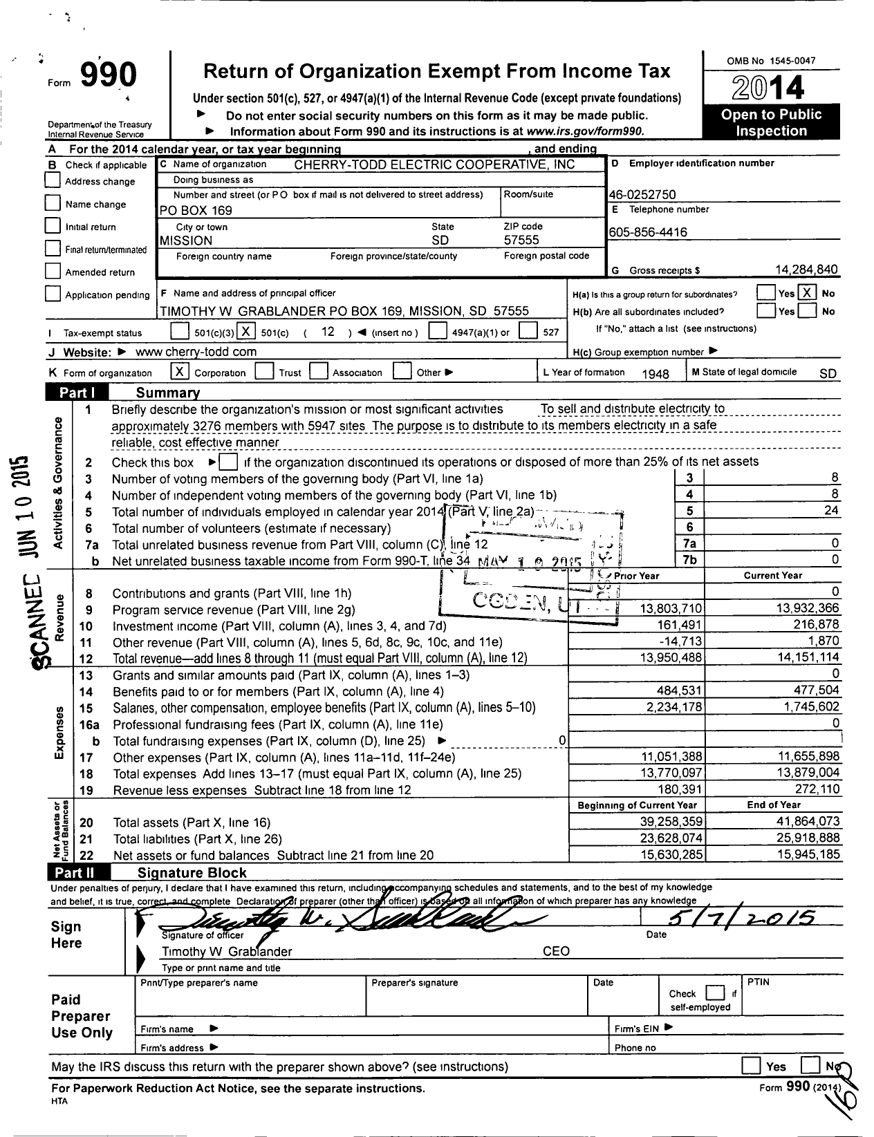 Image of first page of 2014 Form 990O for Cherry Todd Electric Cooperative