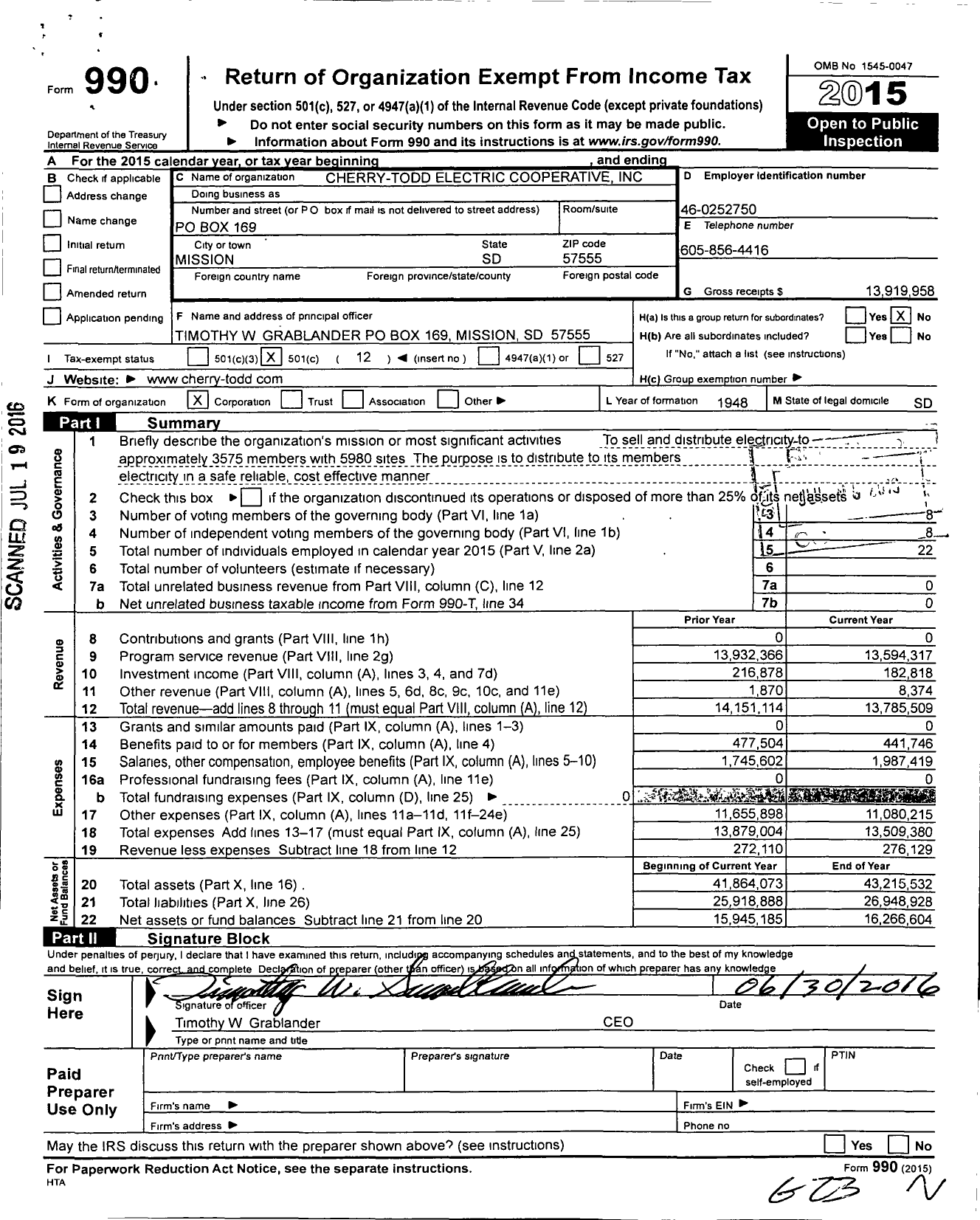 Image of first page of 2015 Form 990O for Cherry Todd Electric Cooperative