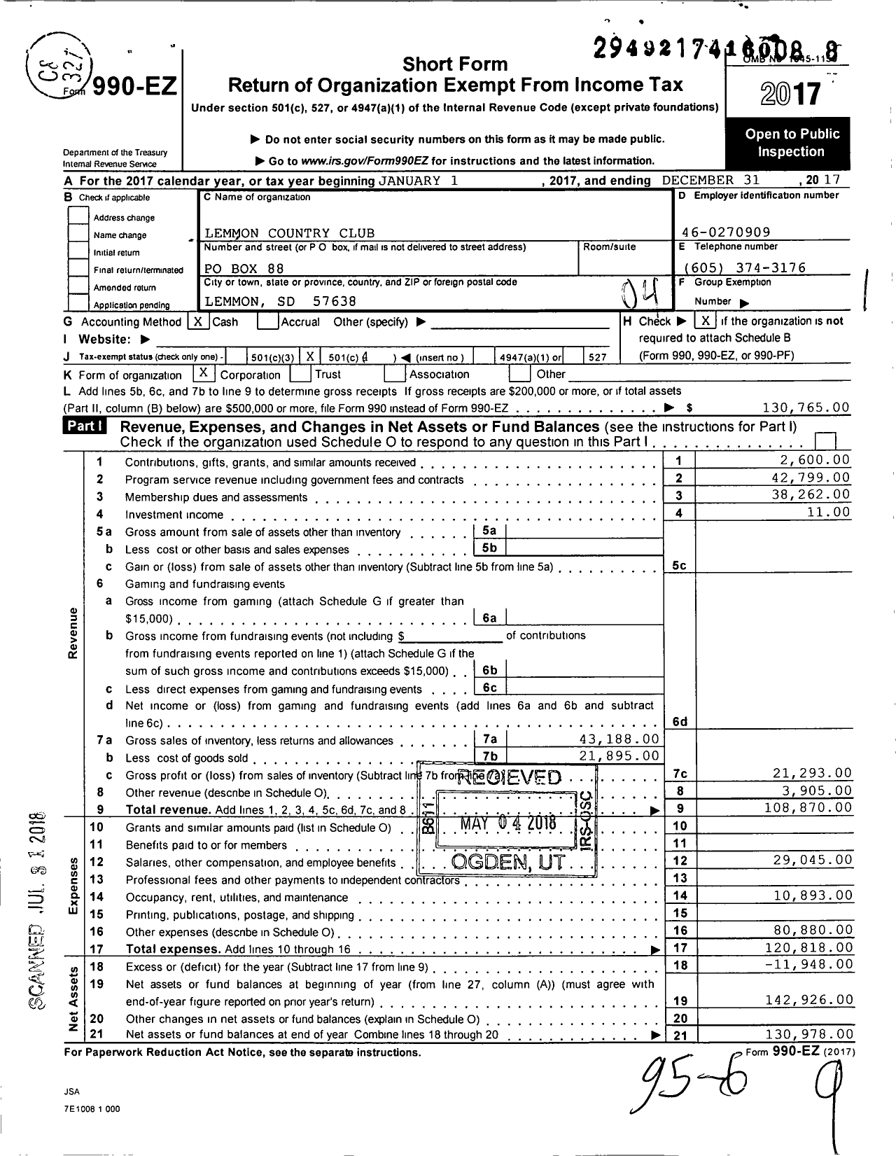 Image of first page of 2017 Form 990EO for Lemmon Country Club