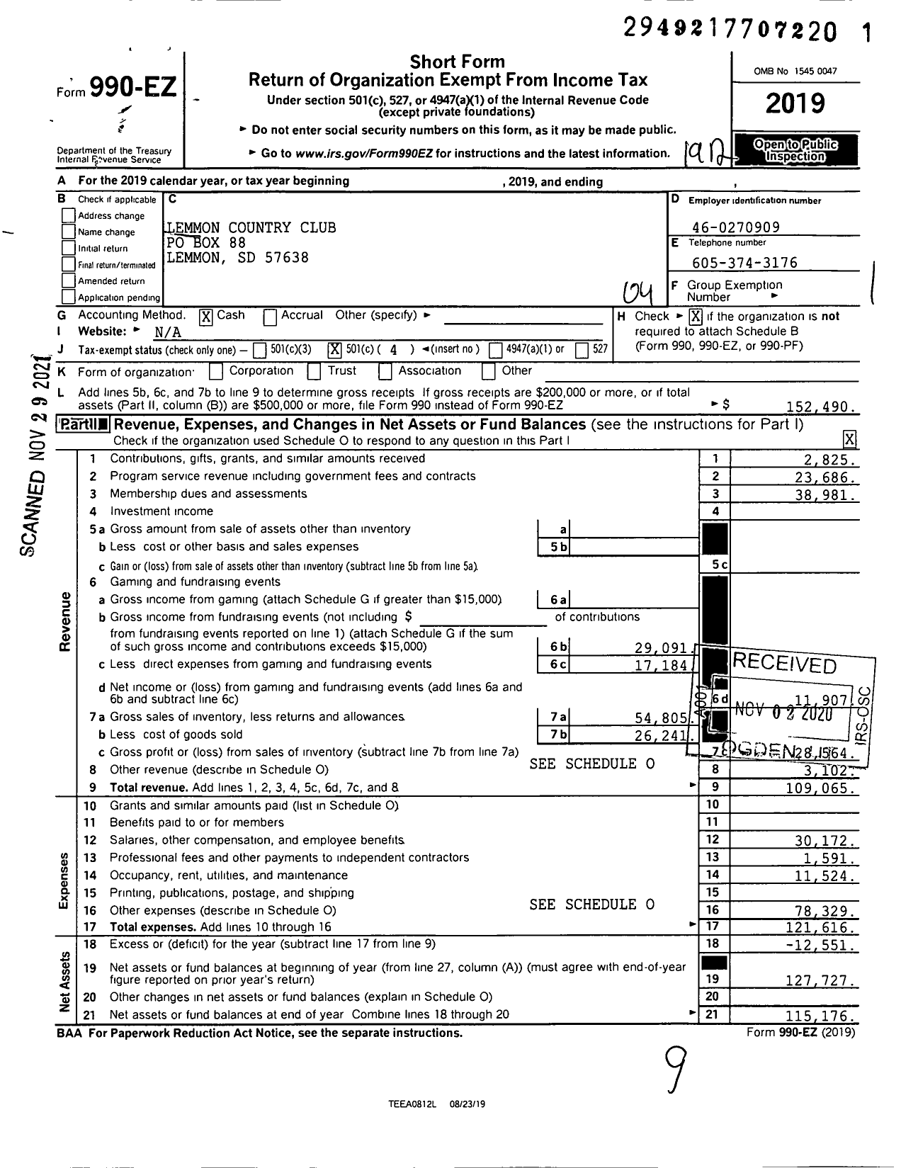 Image of first page of 2019 Form 990EO for Lemmon Country Club