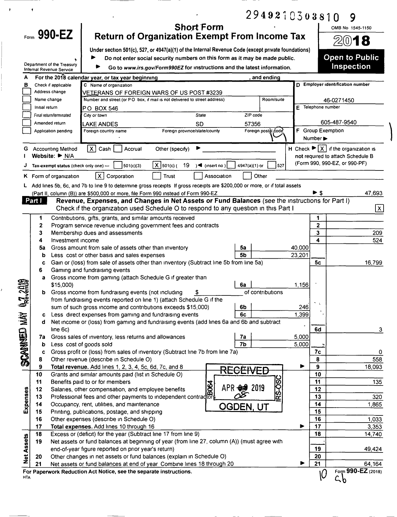 Image of first page of 2018 Form 990EO for Veterans of Foreign Wars of United States 3239 VFW-S-C