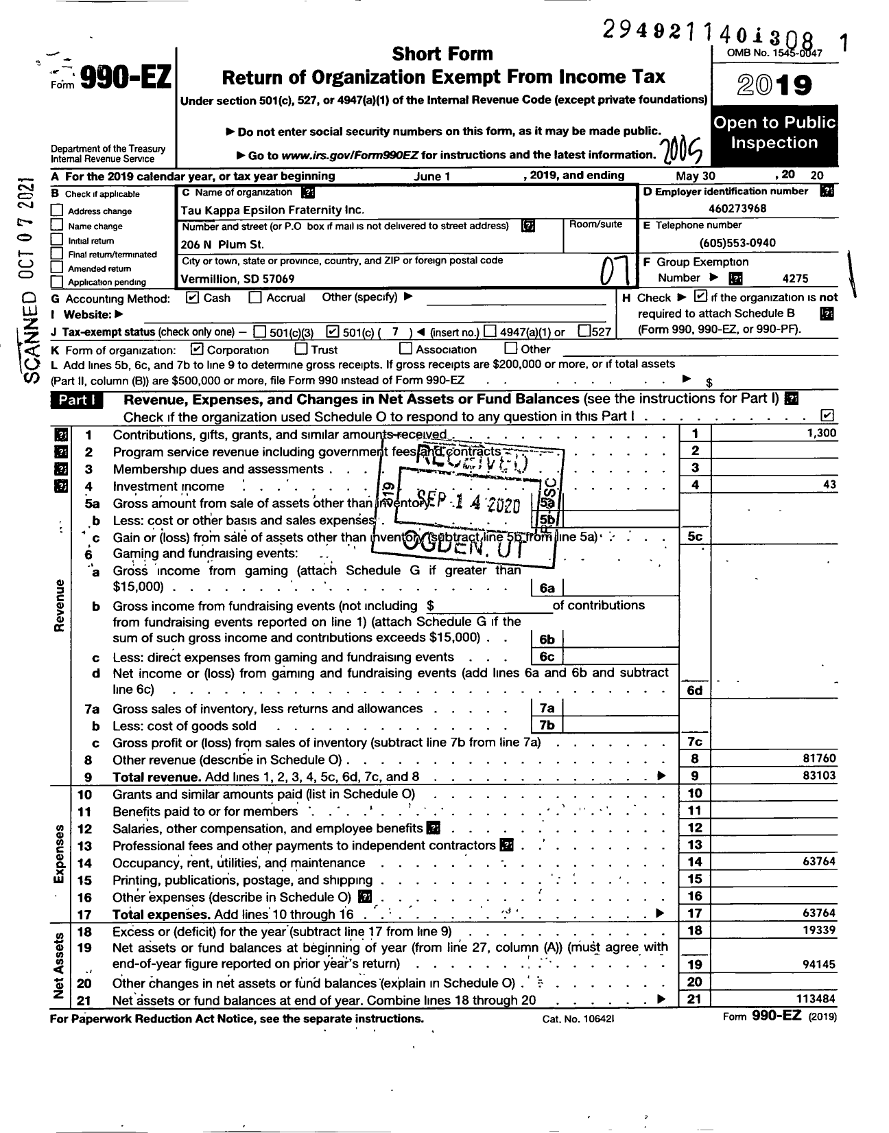 Image of first page of 2019 Form 990EO for Tau Kappa Epsilon Fraternity - 275 Theta-Eta Chapter