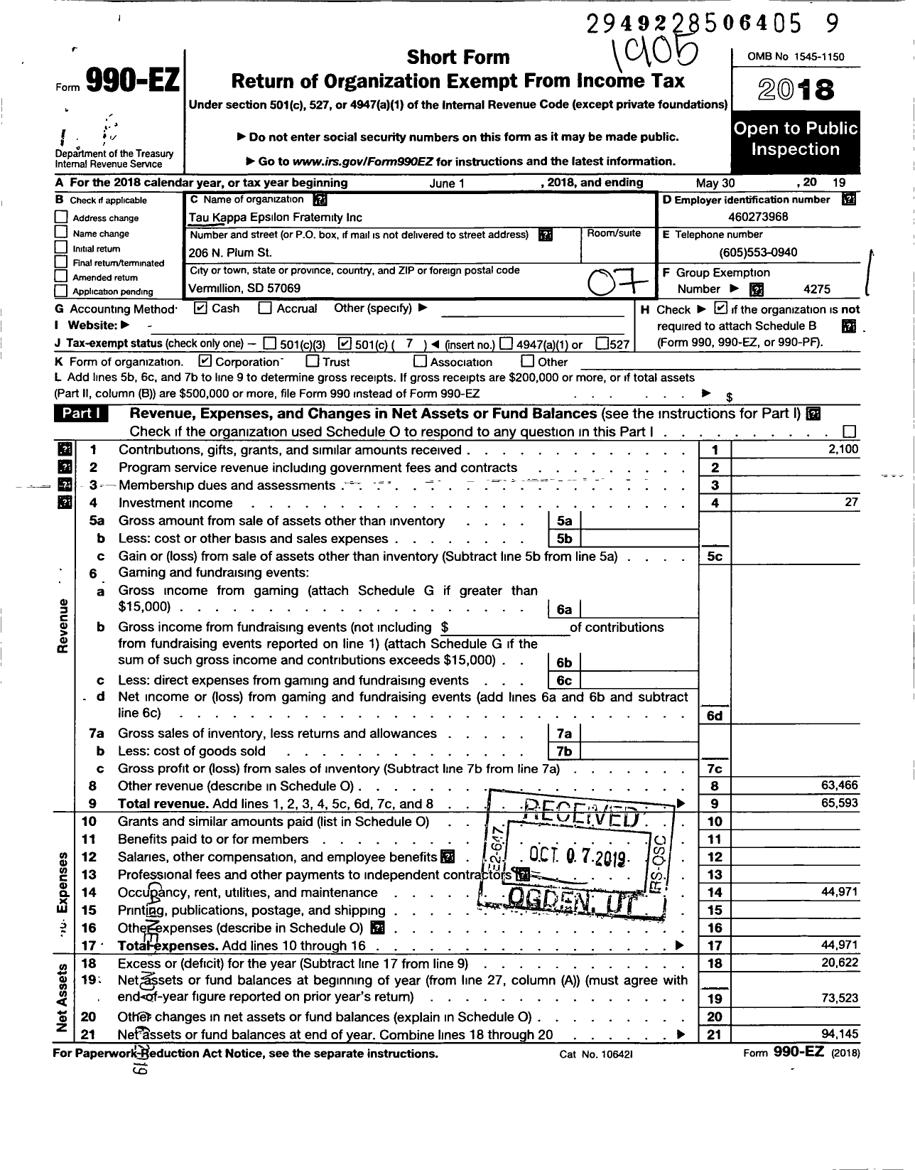 Image of first page of 2018 Form 990EZ for Tau Kappa Epsilon Fraternity - 275 Theta-Eta Chapter