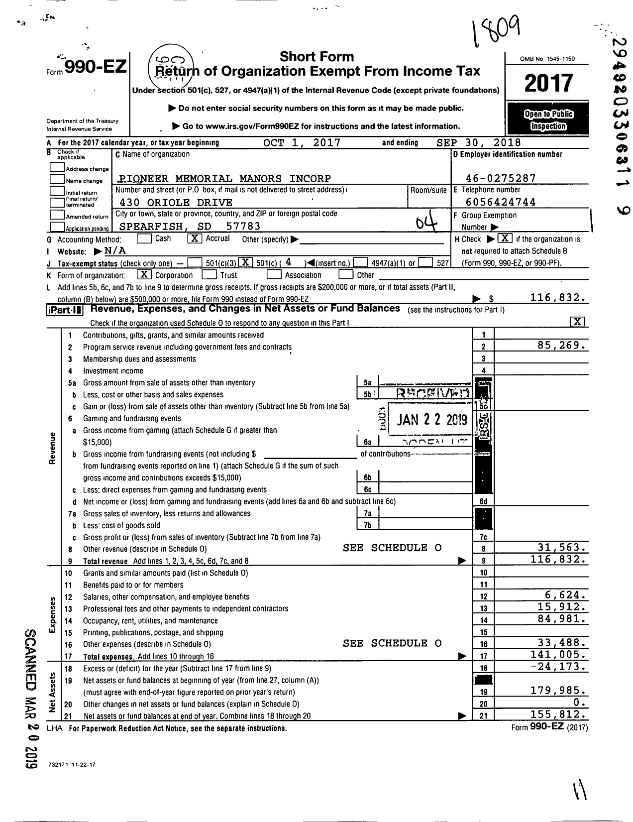 Image of first page of 2017 Form 990EO for Pioneer Memorial Manors Incorporated