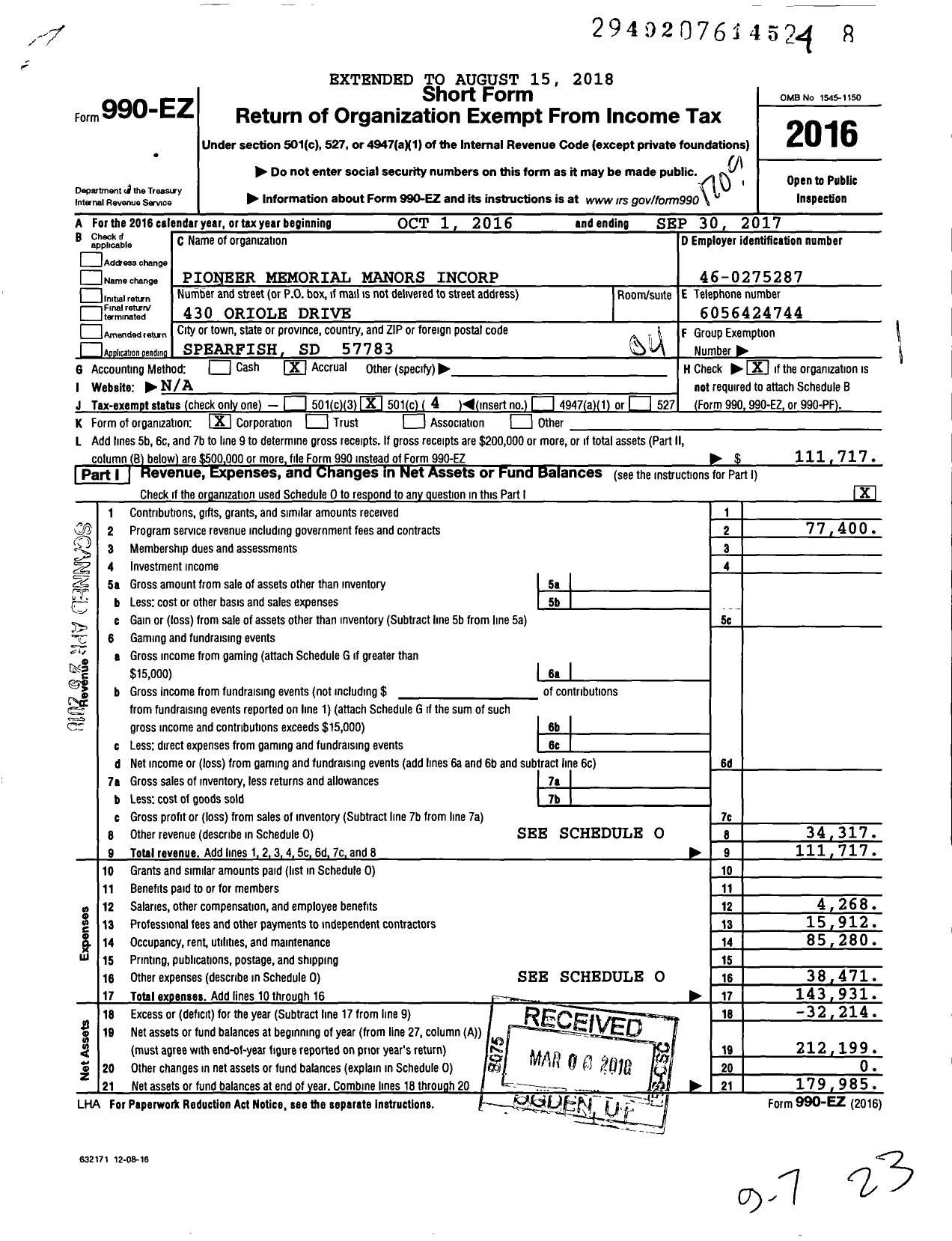 Image of first page of 2016 Form 990EO for Pioneer Memorial Manors Incorporated
