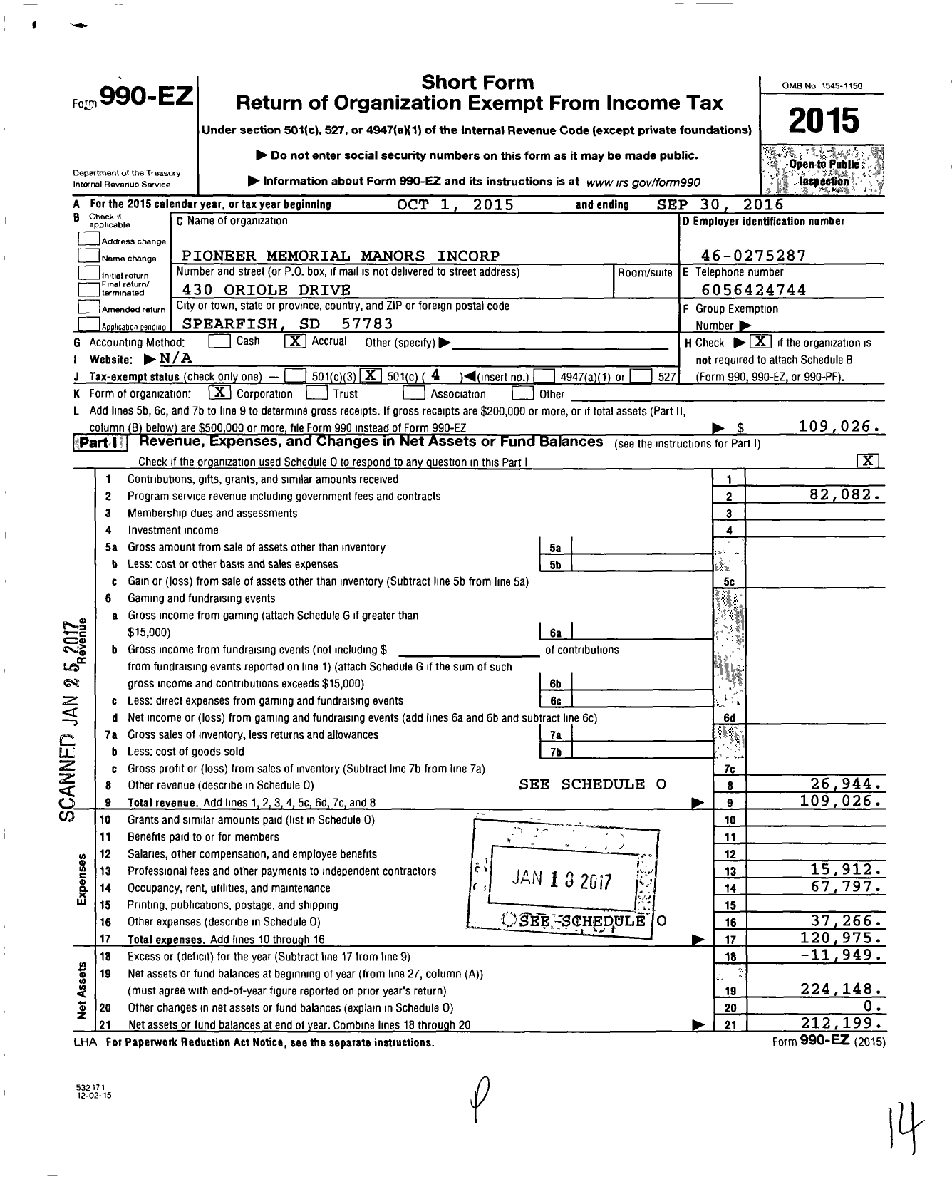Image of first page of 2015 Form 990EO for Pioneer Memorial Manors Incorporated