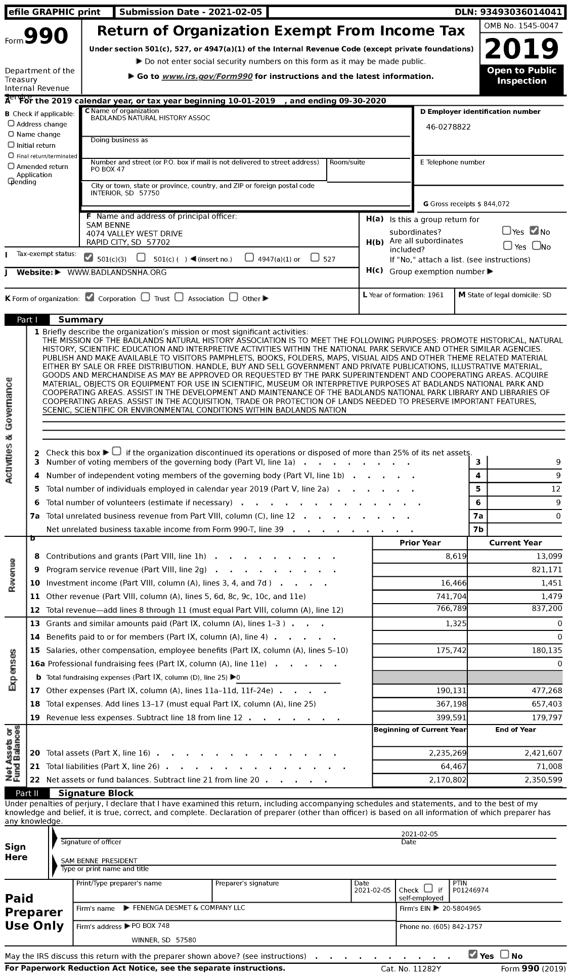 Image of first page of 2019 Form 990 for Badlands Natural History Association