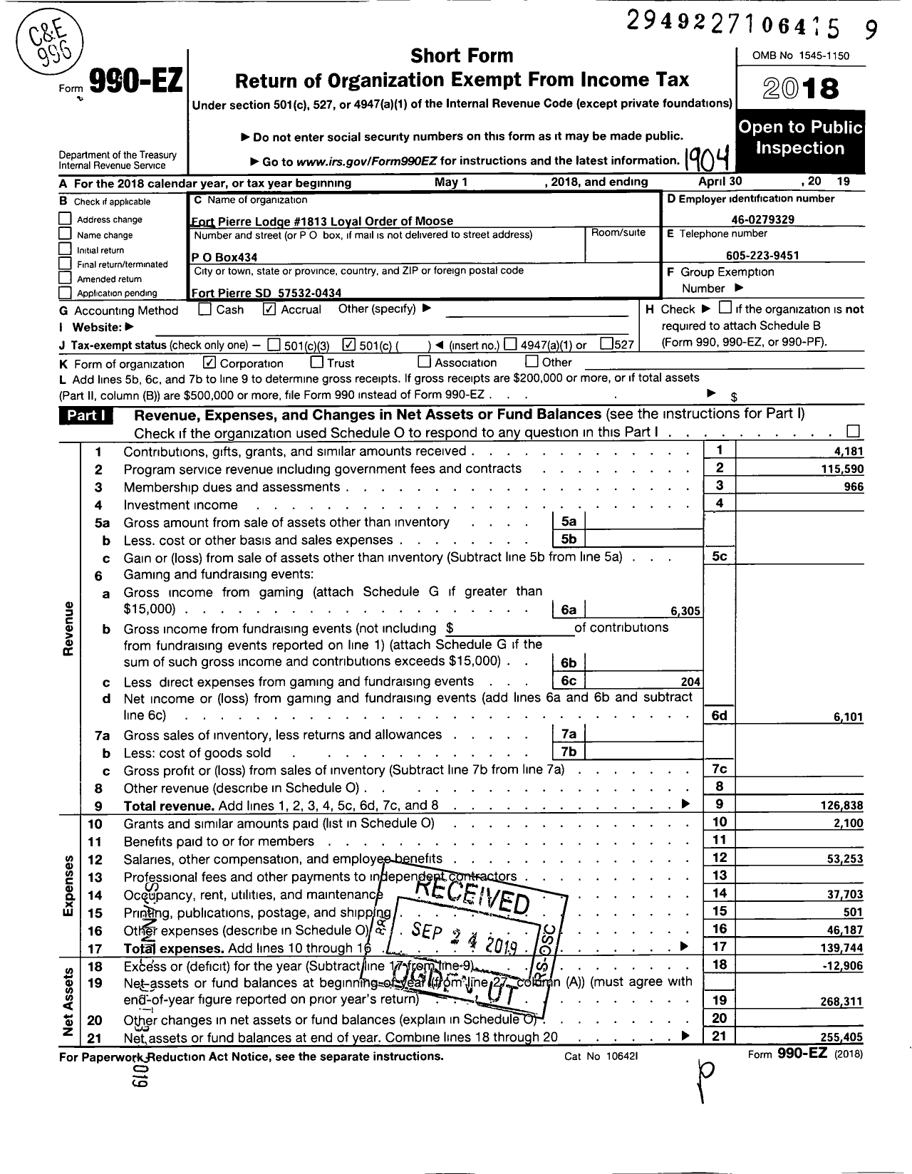 Image of first page of 2018 Form 990EO for Loyal Order of Moose - 1813