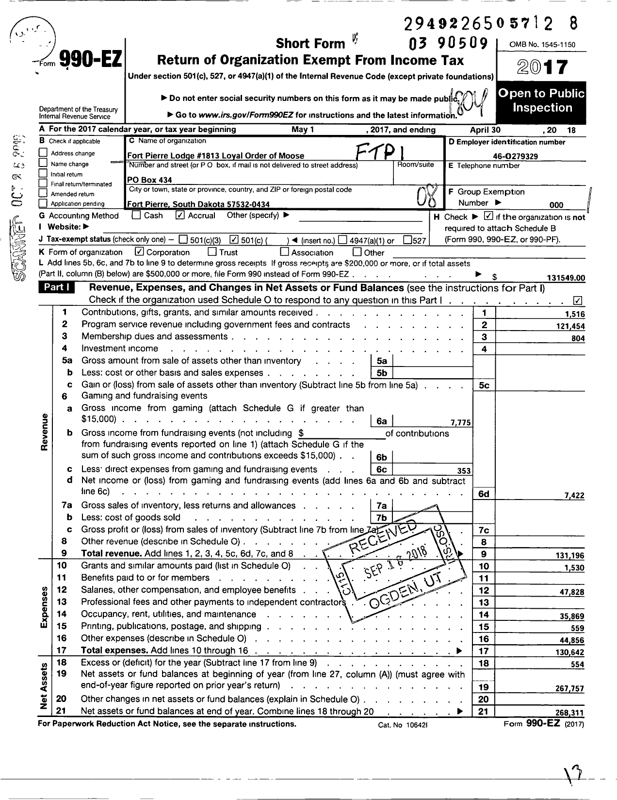 Image of first page of 2017 Form 990EO for Loyal Order of Moose - 1813