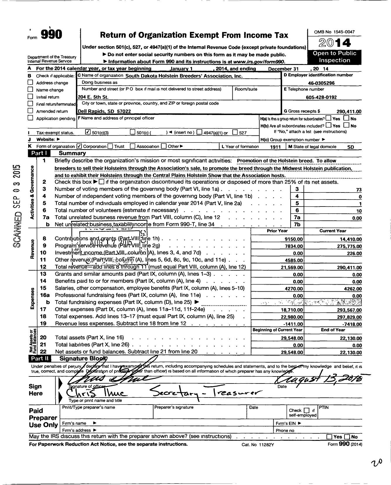 Image of first page of 2014 Form 990 for South Dakota Holstein Breeders Association