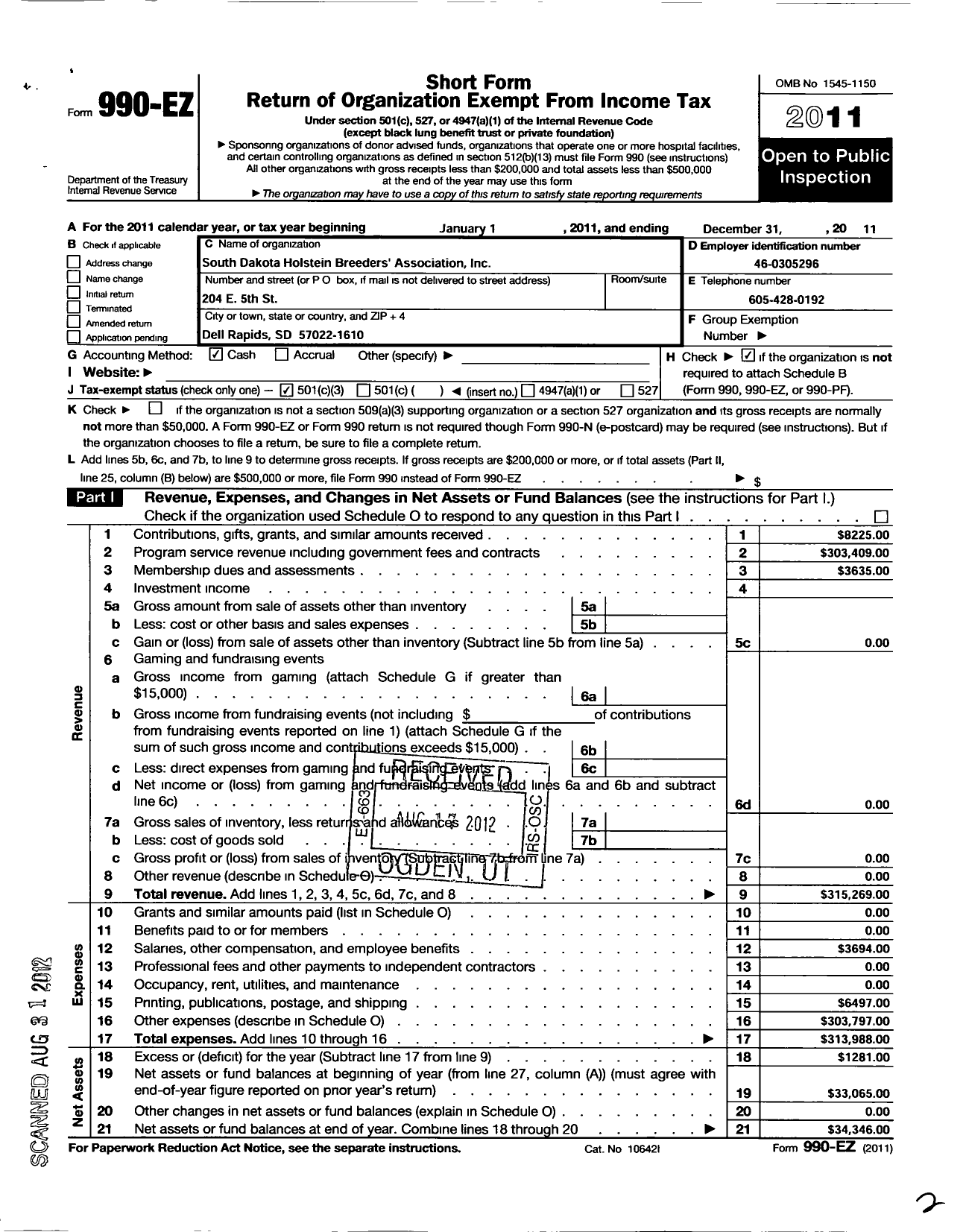 Image of first page of 2011 Form 990EZ for South Dakota Holstein Breeders Association