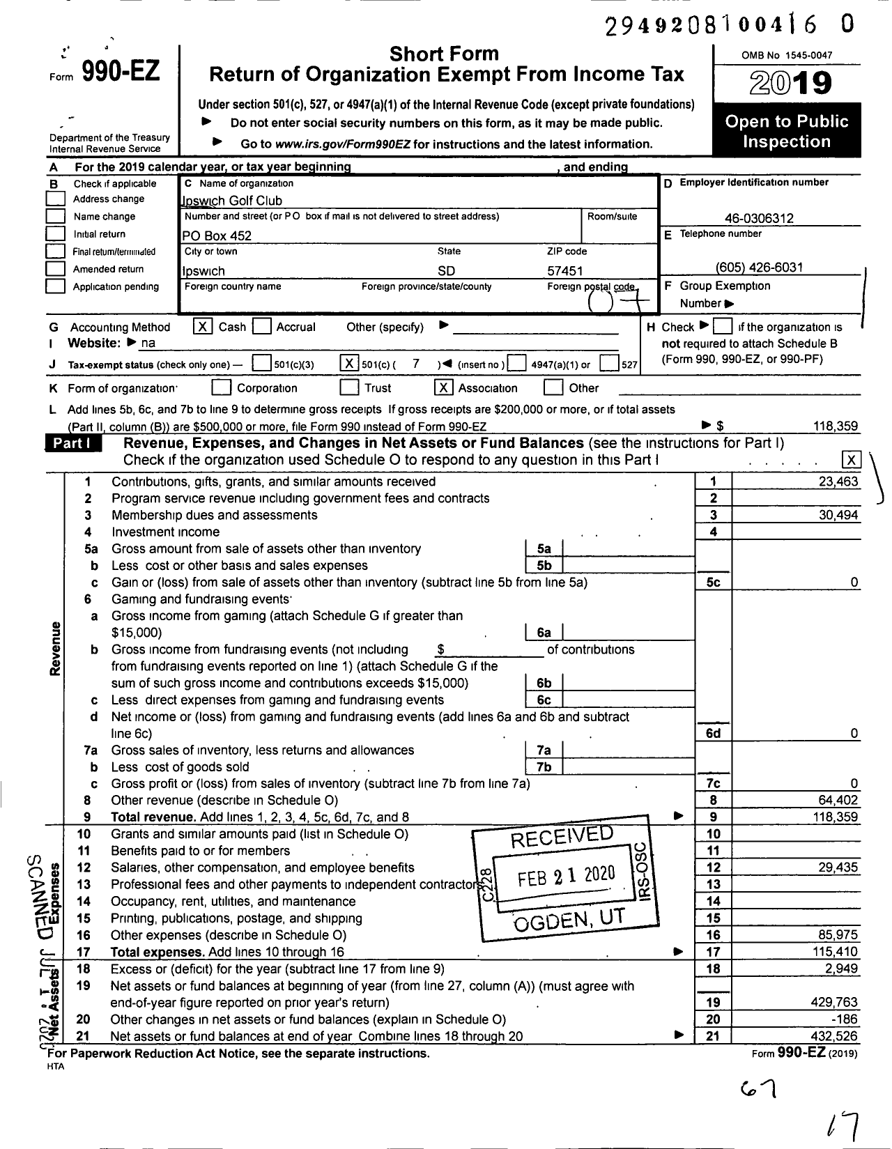 Image of first page of 2019 Form 990EO for Ipswich Golf Club