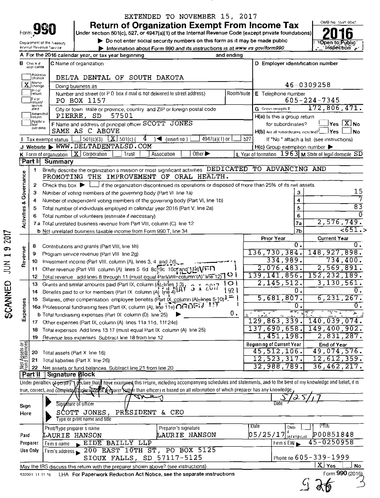 Image of first page of 2016 Form 990O for Delta Dental of South Dakota