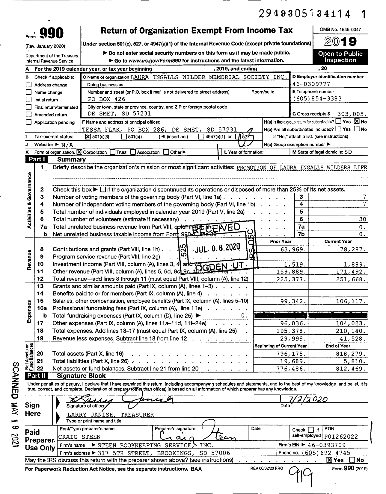 Image of first page of 2019 Form 990 for Laura Ingalls Wilder Memorial Society