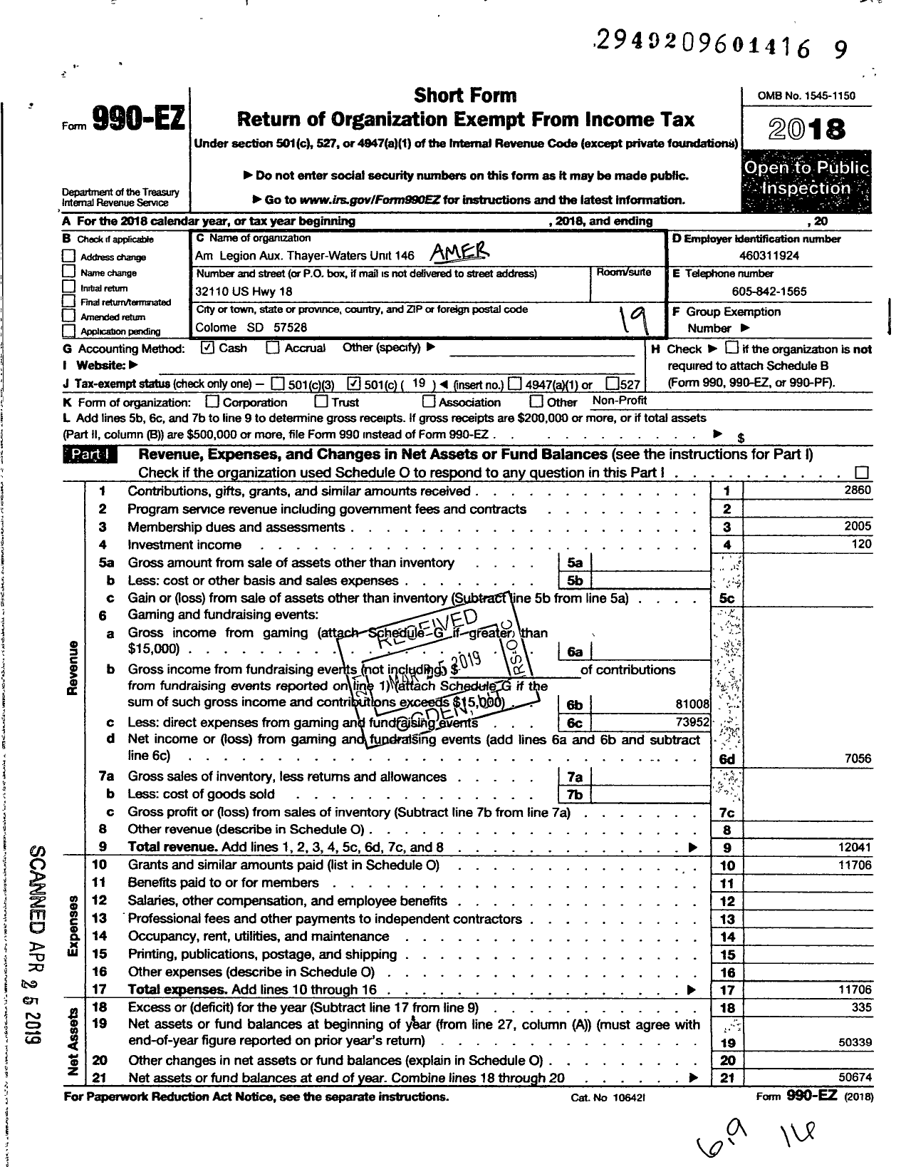 Image of first page of 2018 Form 990EO for American Legion Auxiliary - 146 Thayers Waters
