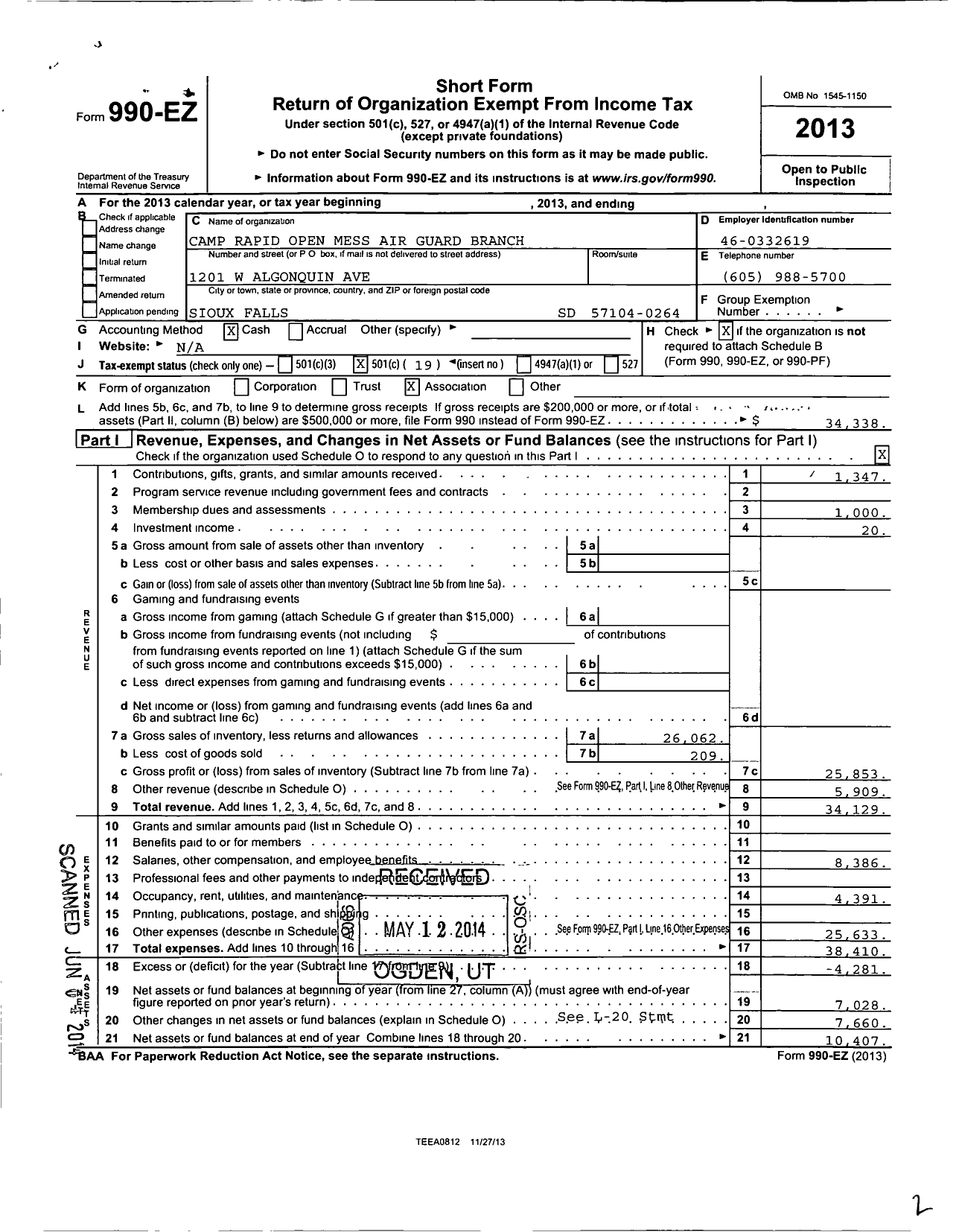 Image of first page of 2013 Form 990EO for Camp Rapid Open Mess Air Guard Branch