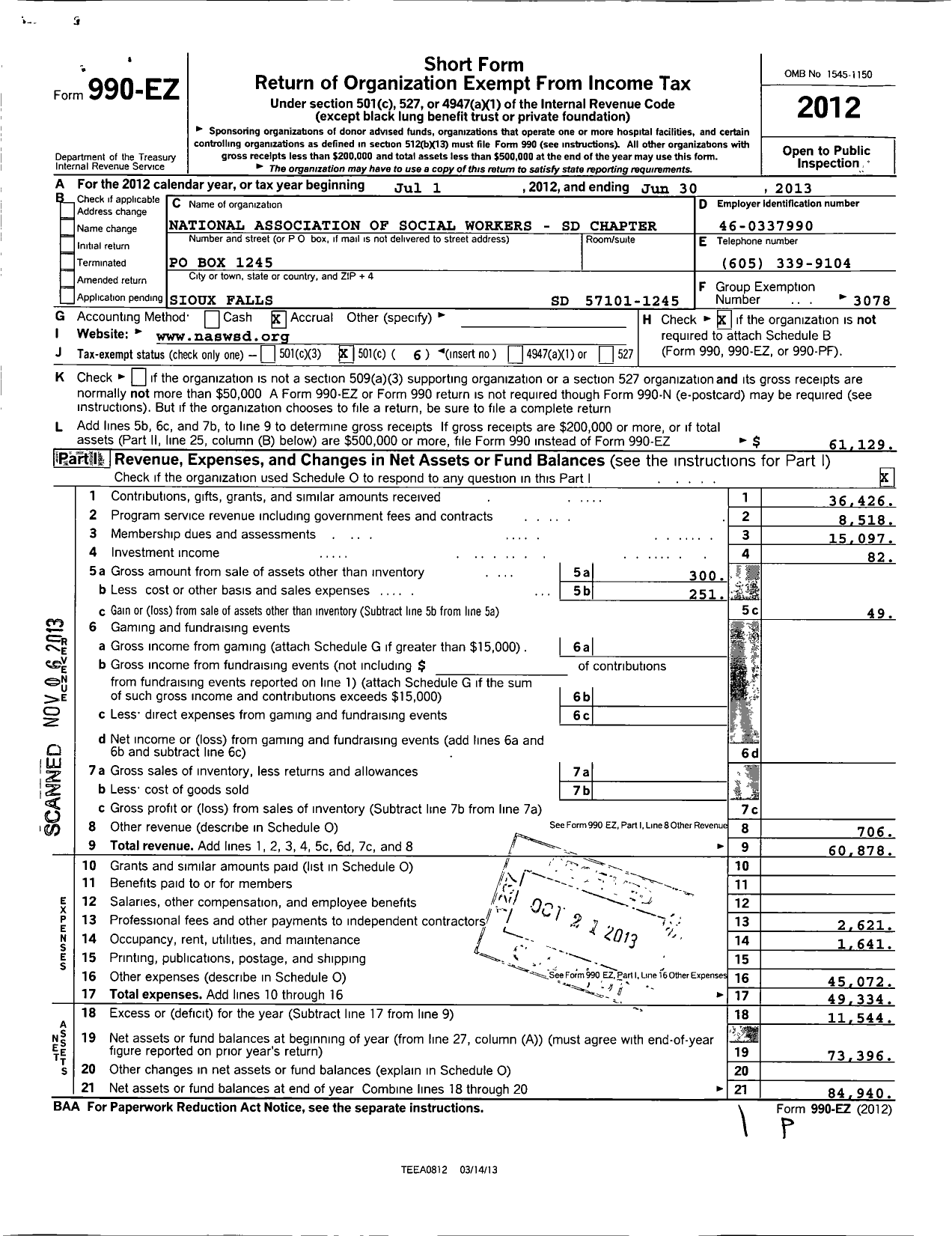 Image of first page of 2012 Form 990EO for National Association of Social Workers - South Dakota Chapter