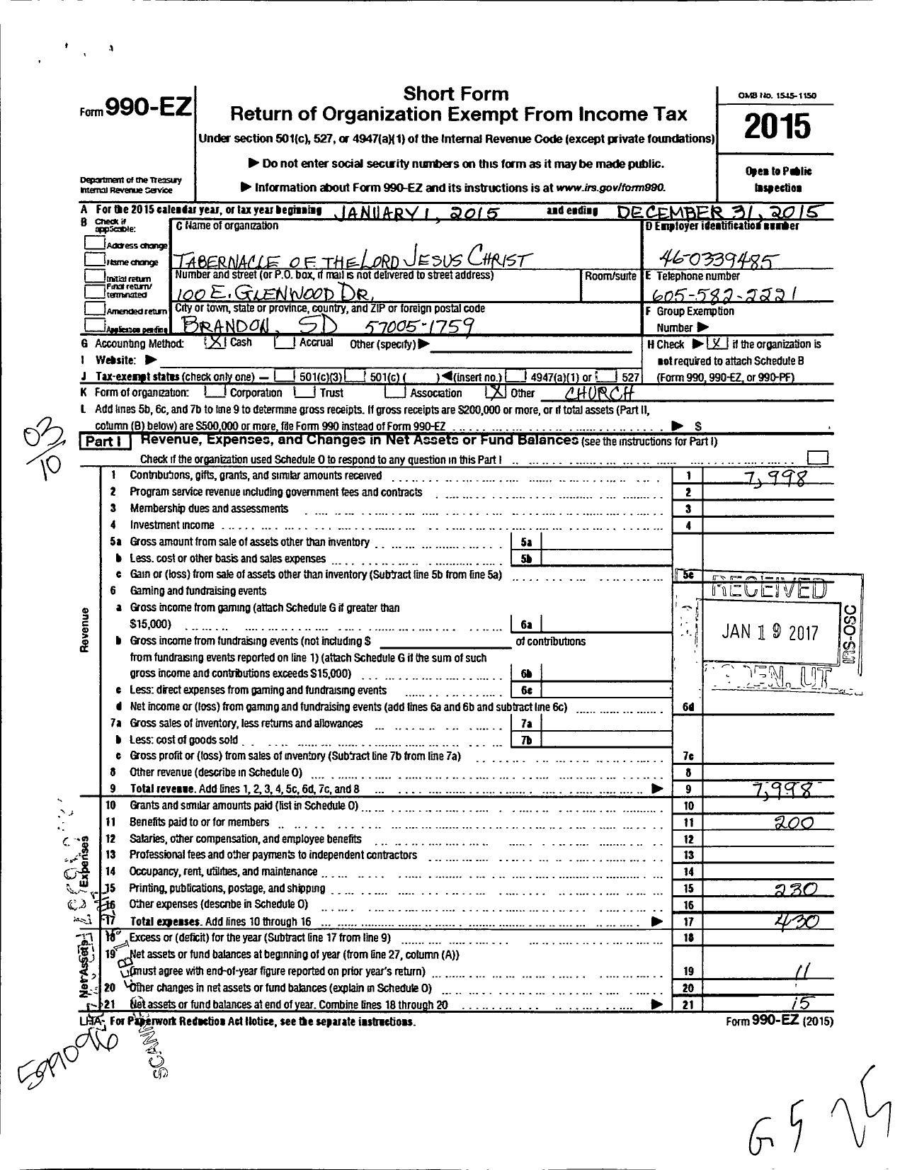 Image of first page of 2015 Form 990EO for Tabernacle of the Lord Jesus