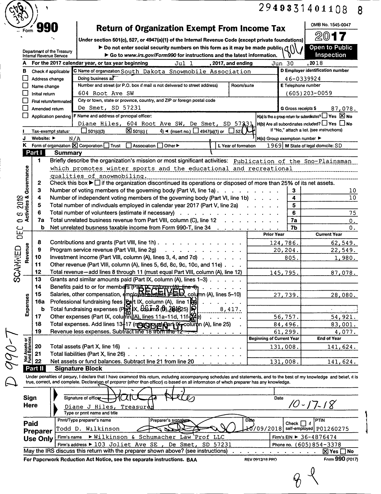 Image of first page of 2017 Form 990O for South Dakota Snowmobile Association