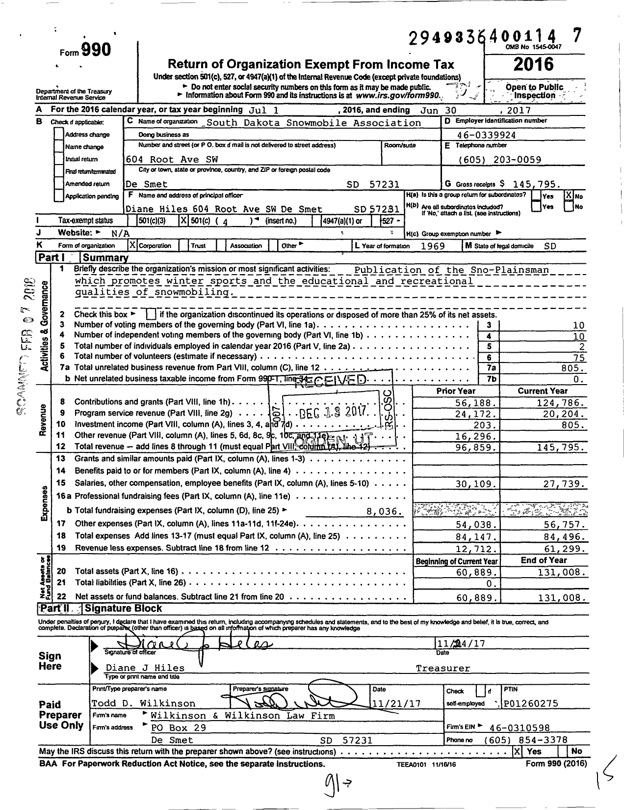 Image of first page of 2016 Form 990O for South Dakota Snowmobile Association