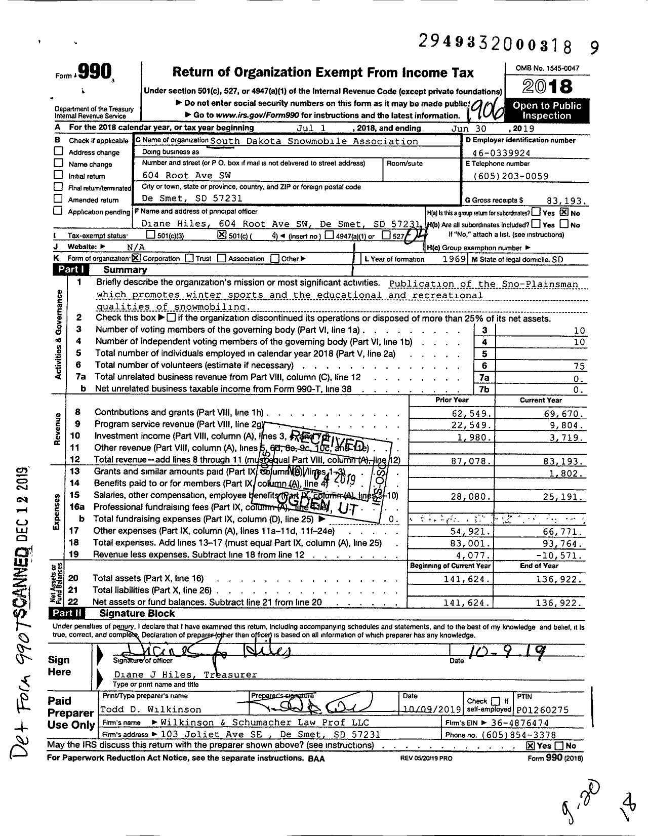 Image of first page of 2018 Form 990O for South Dakota Snowmobile Association