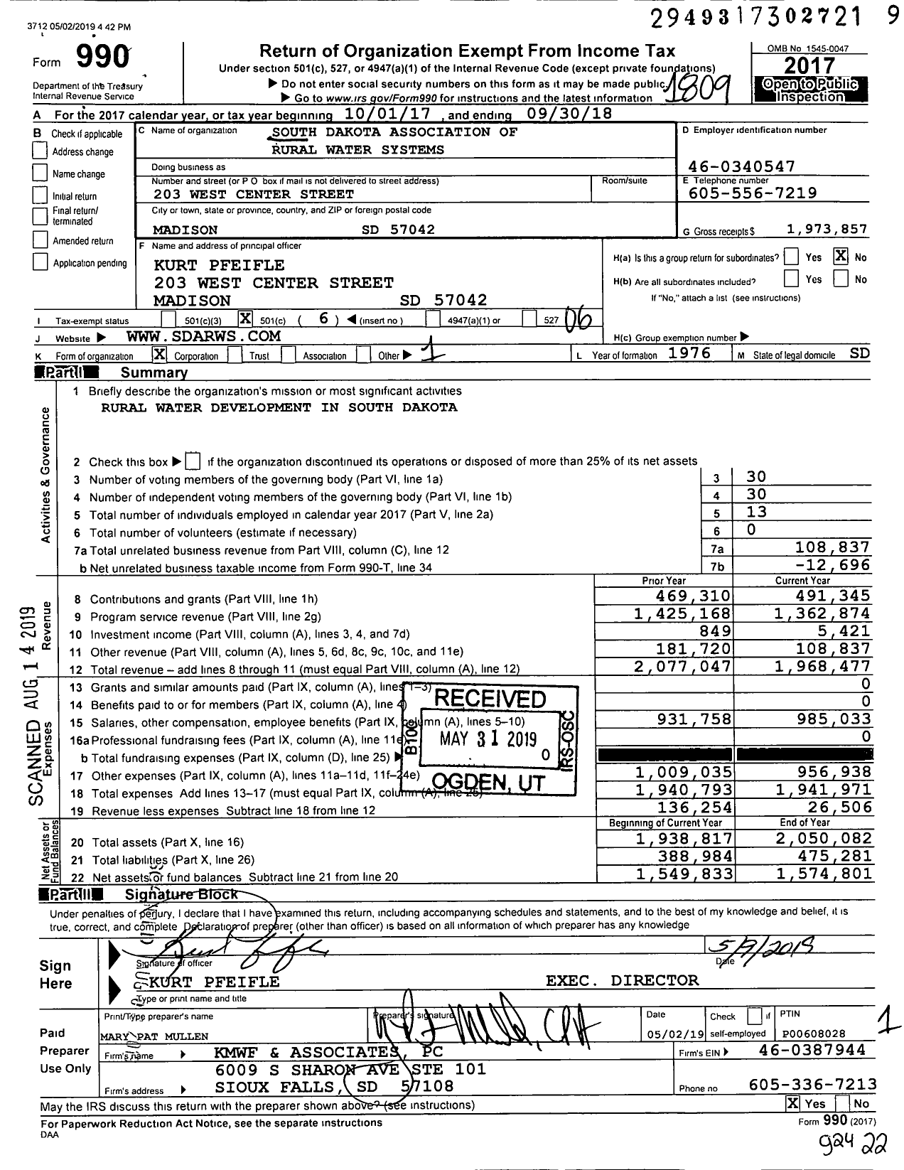 Image of first page of 2017 Form 990O for South Dakota Association of Rural Water Systems