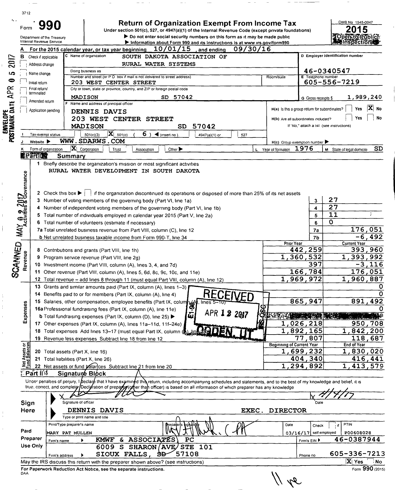 Image of first page of 2015 Form 990O for South Dakota Association of Rural Water Systems