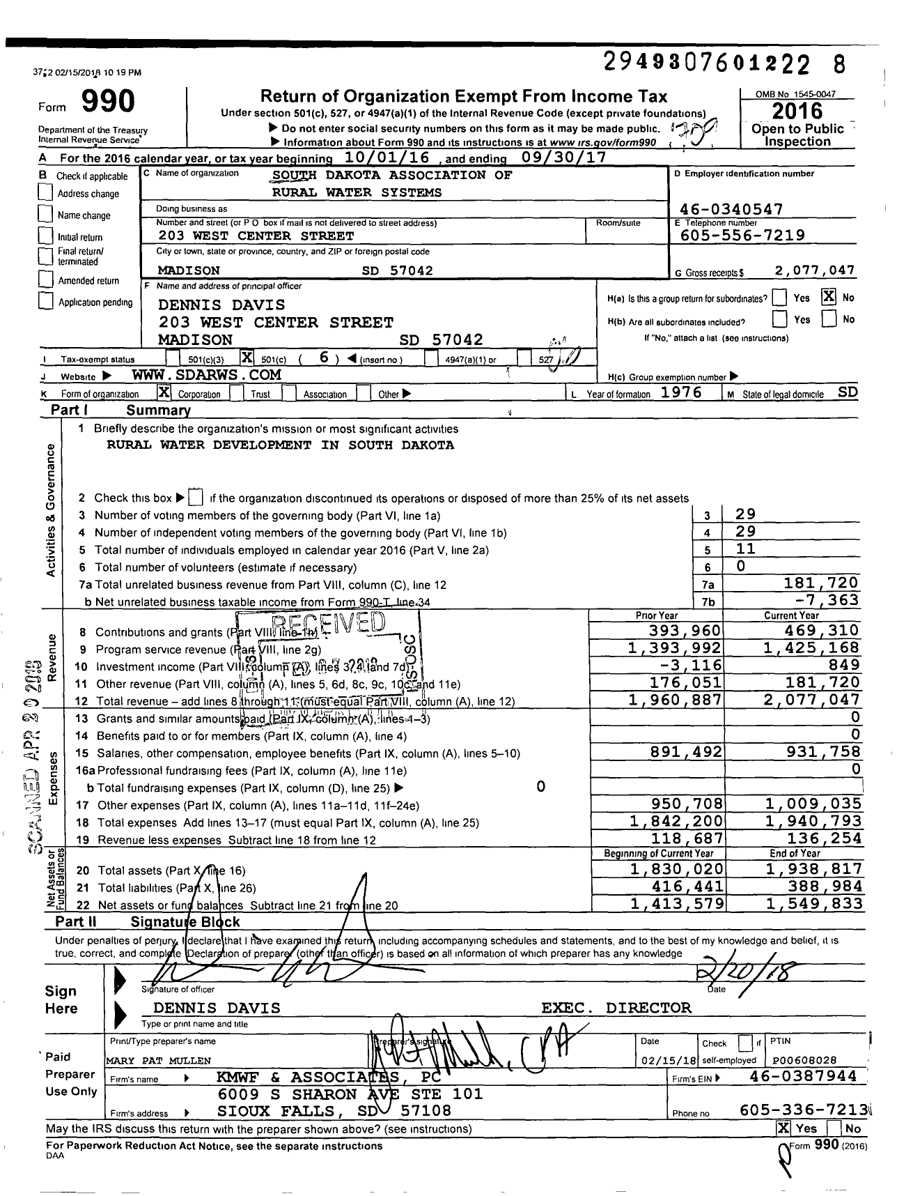 Image of first page of 2016 Form 990O for South Dakota Association of Rural Water Systems