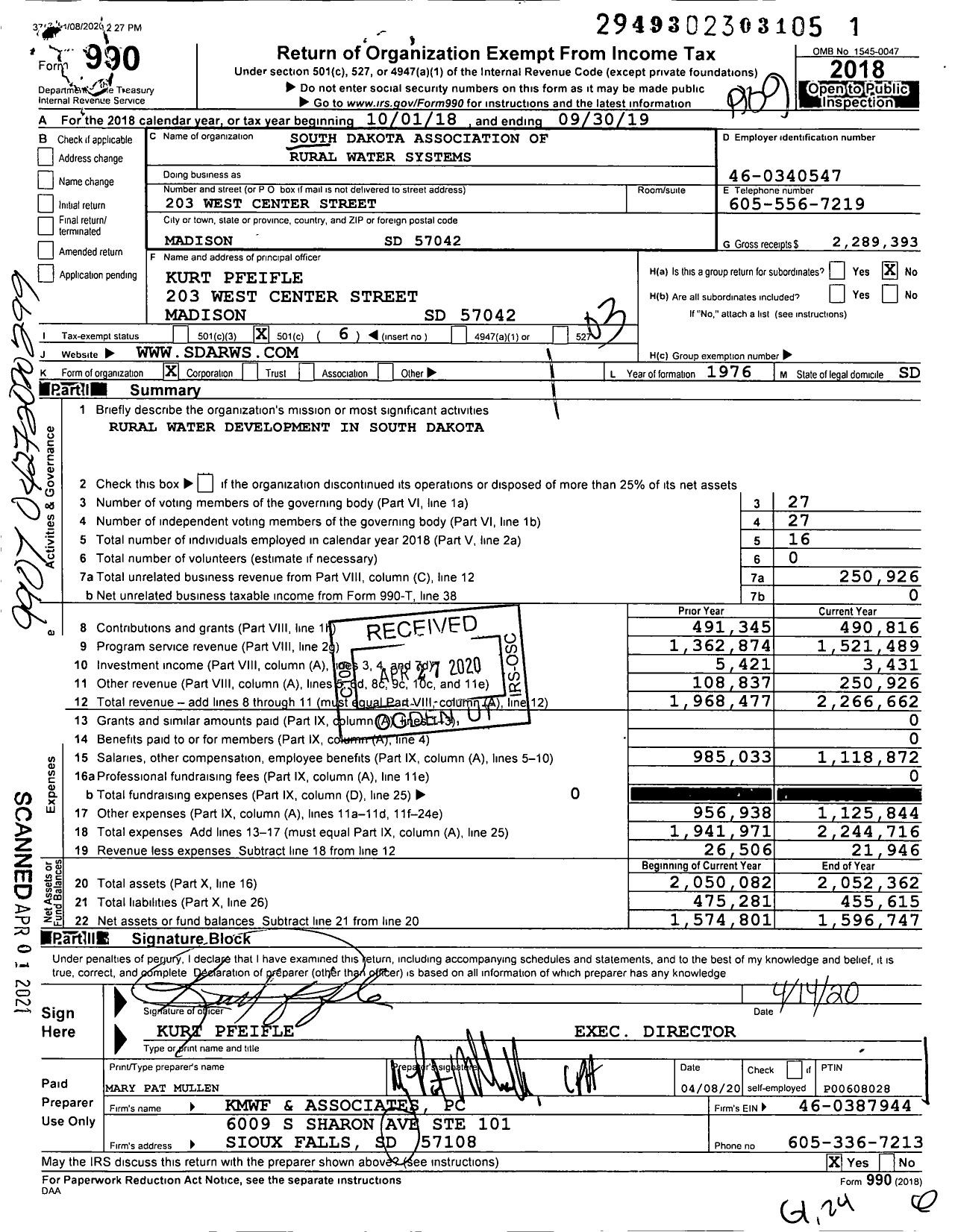 Image of first page of 2018 Form 990 for South Dakota Association of Rural Water Systems
