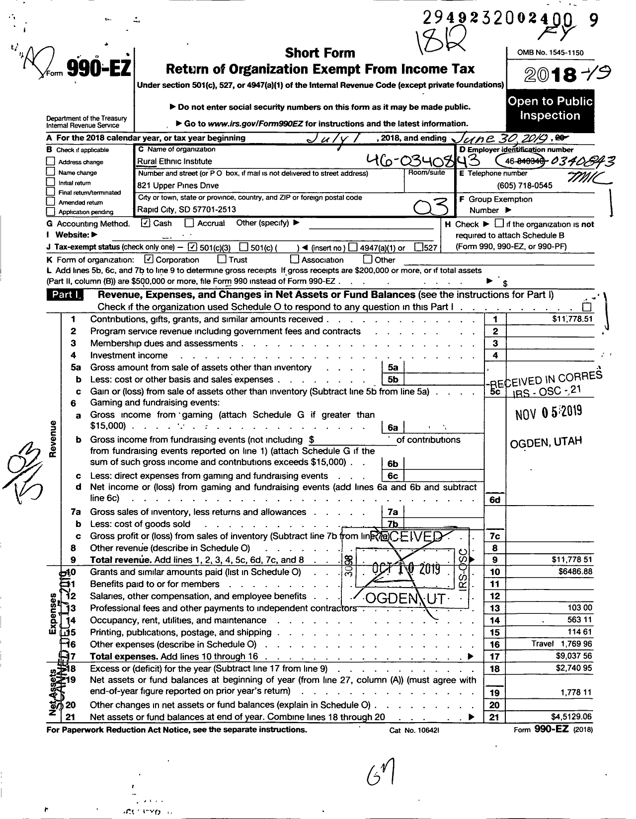 Image of first page of 2018 Form 990EZ for Rural Ethnic Institute