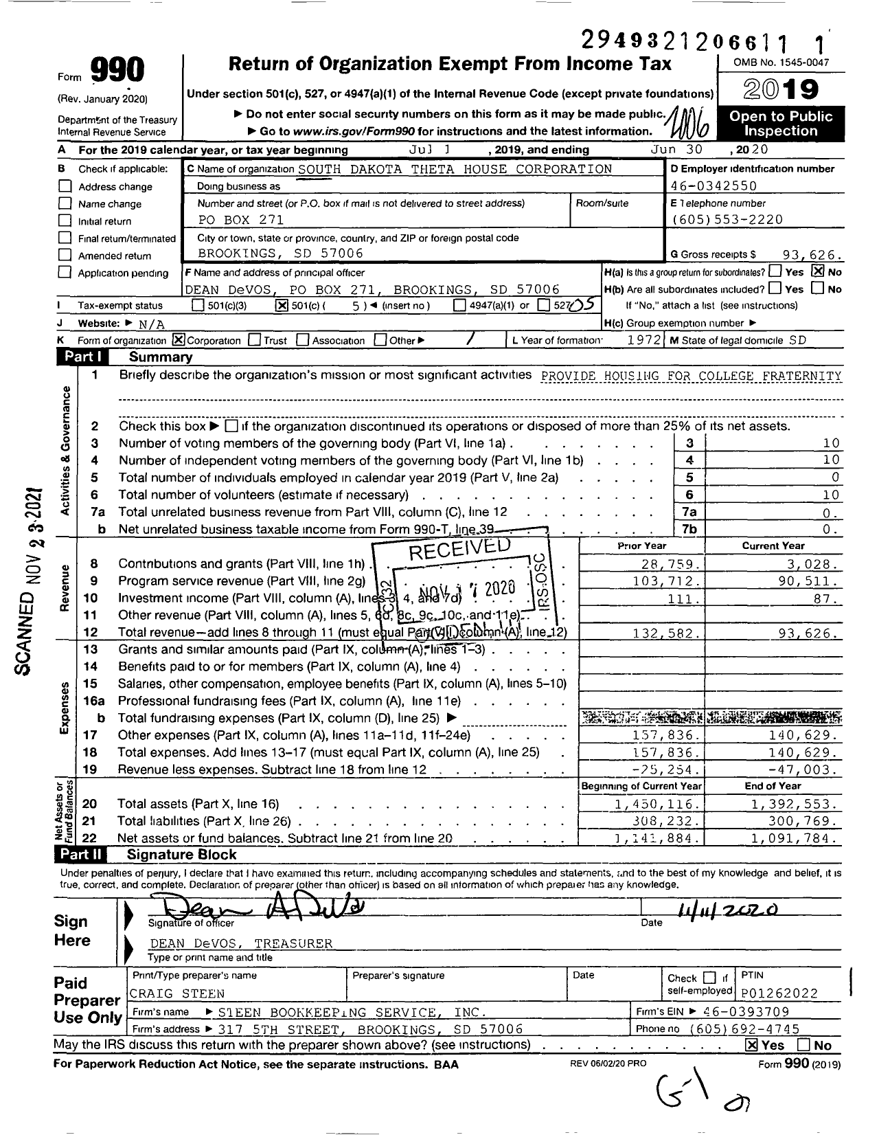 Image of first page of 2019 Form 990O for South Dakota Theta House Corporation