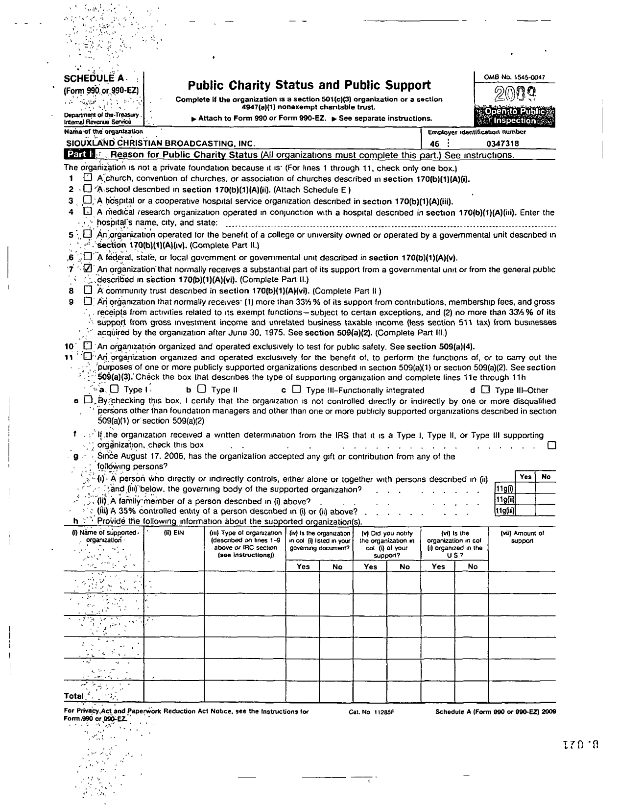 Image of first page of 2009 Form 990ER for Siouxland Christian Broadcasting