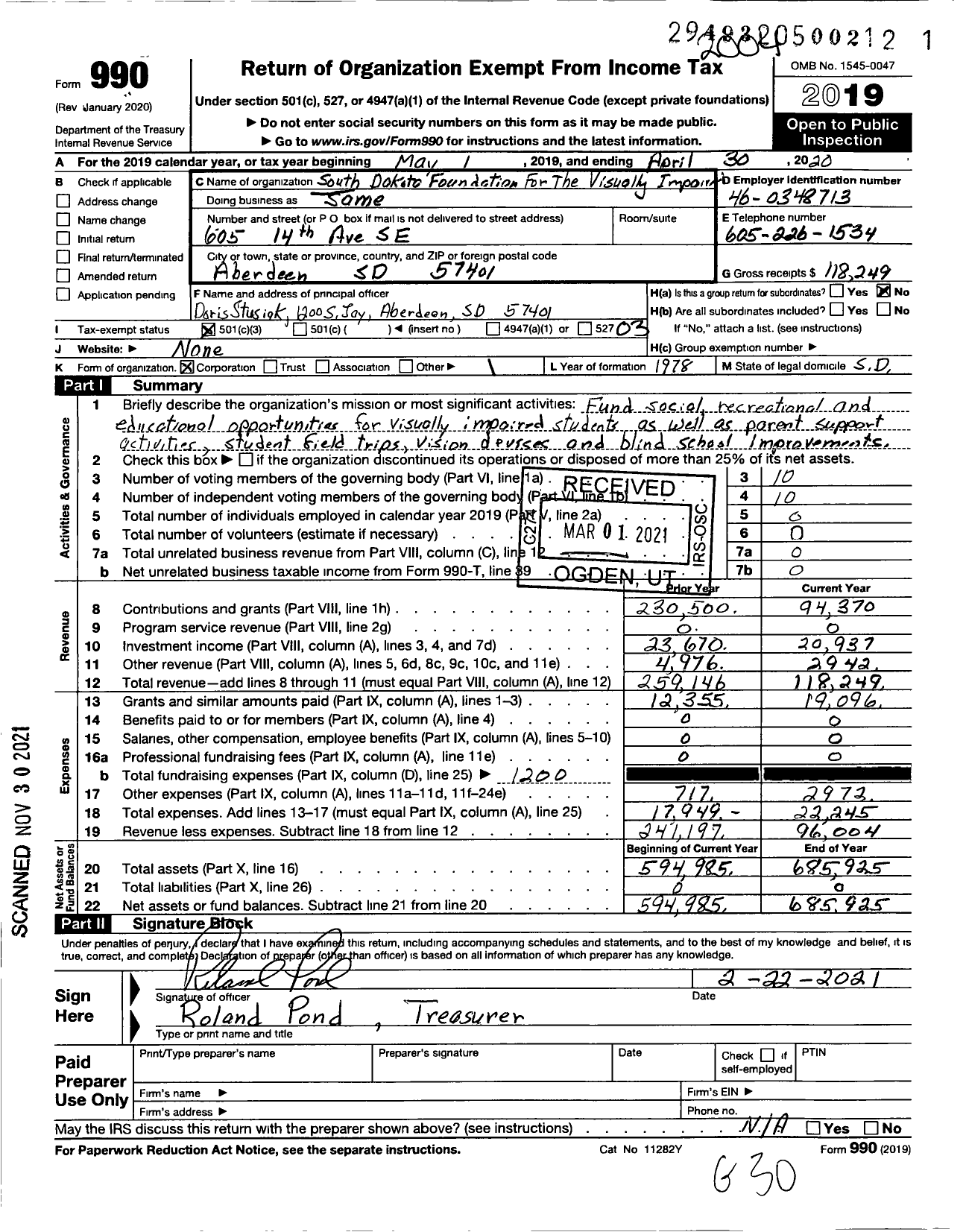 Image of first page of 2019 Form 990 for South Dakota Foundation for the Blind and Visually Impaired