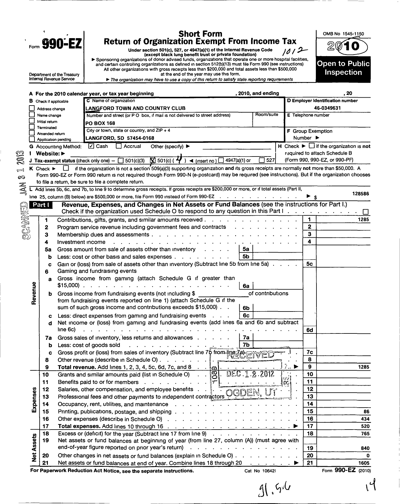 Image of first page of 2010 Form 990EO for Langford Town and Country Club