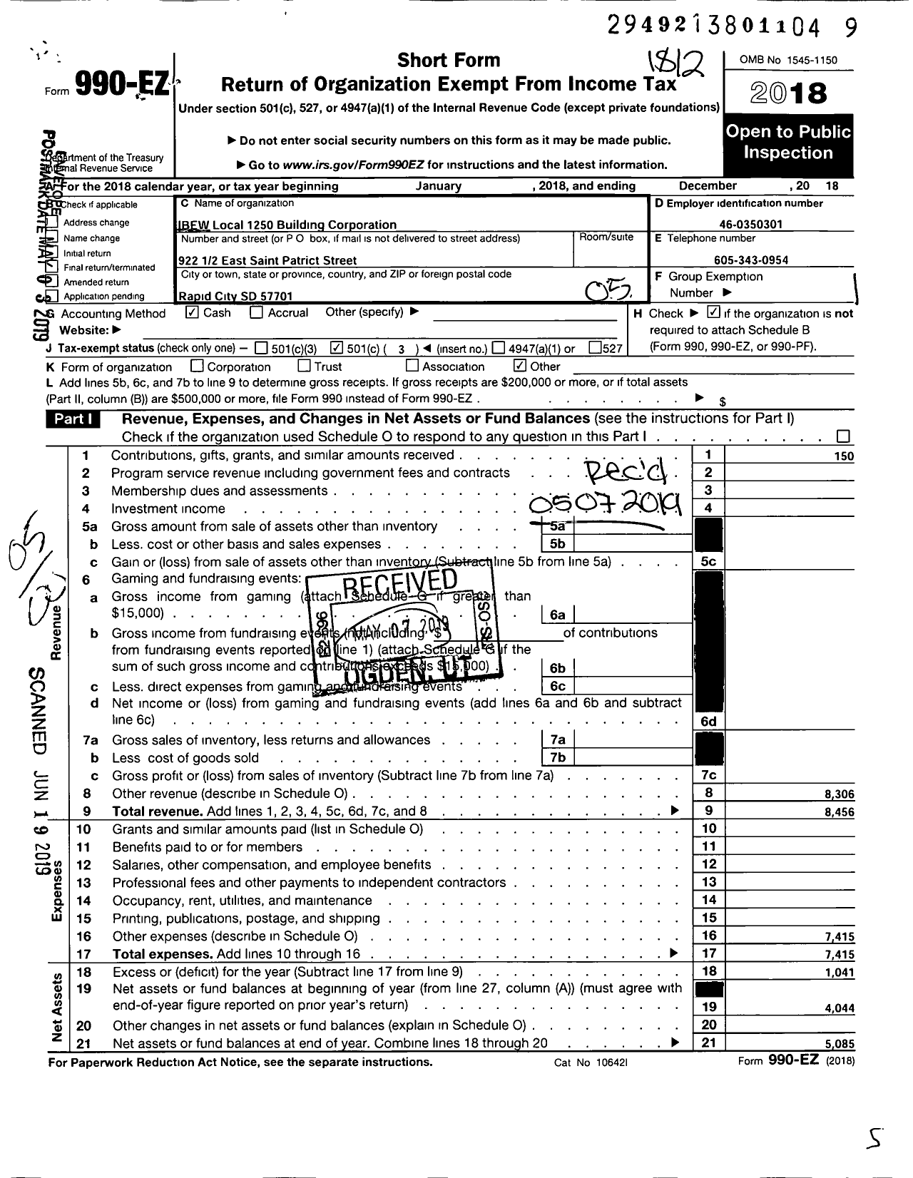 Image of first page of 2018 Form 990EO for IBEW 1250-building Corporation