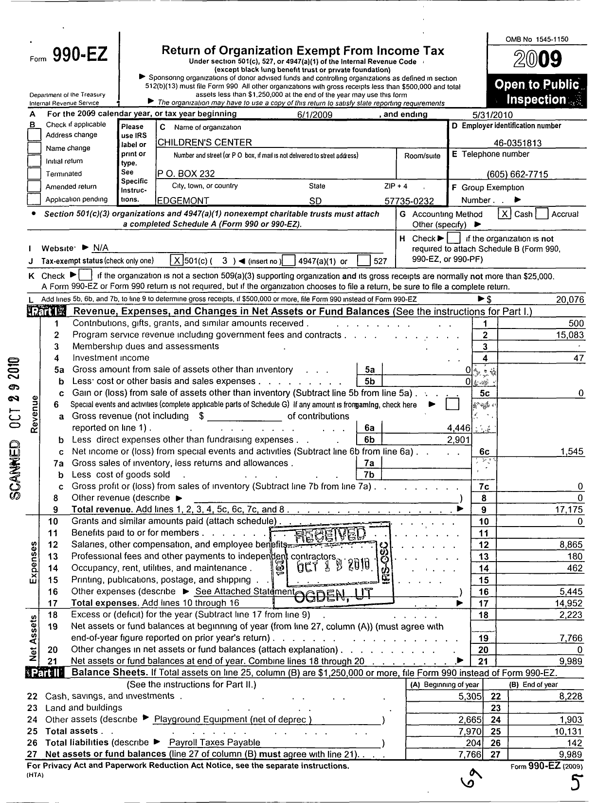 Image of first page of 2009 Form 990EZ for Children Center