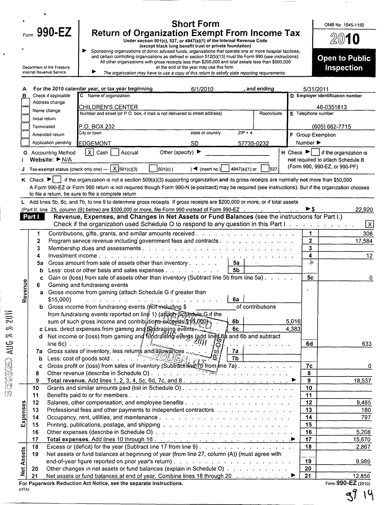 Image of first page of 2010 Form 990EZ for Children Center