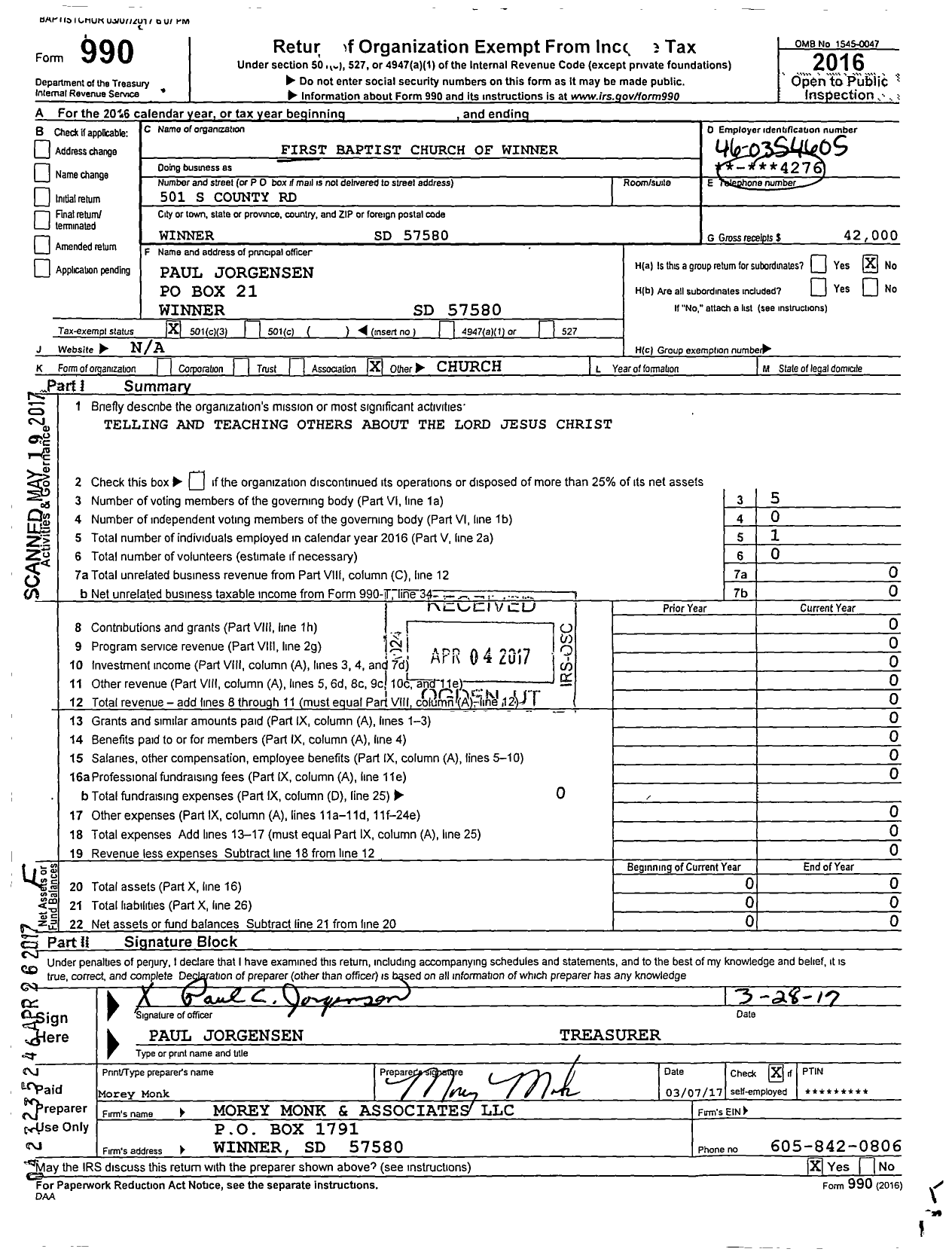Image of first page of 2016 Form 990 for First Baptist Church - 5424