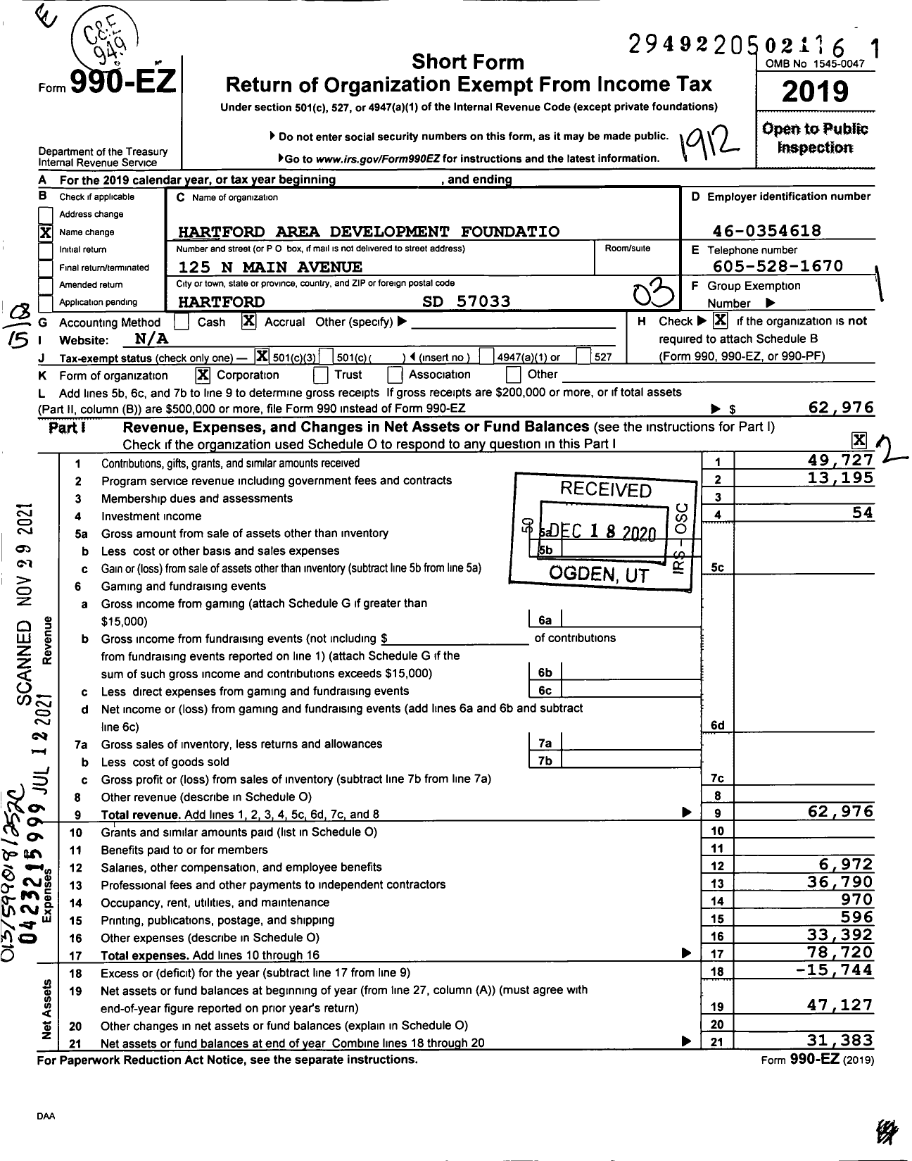 Image of first page of 2019 Form 990EZ for Hartford Area Development Foundation