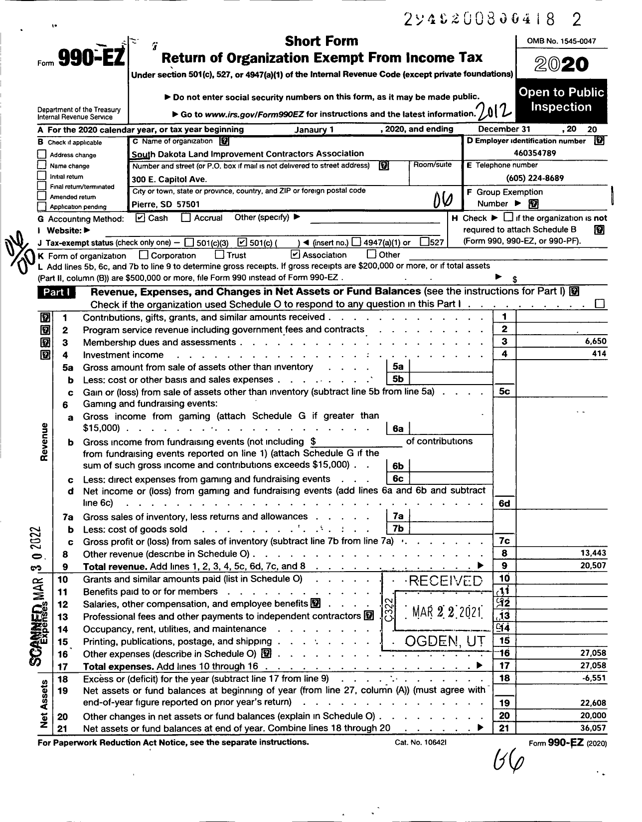 Image of first page of 2020 Form 990EO for South Dakota Land Improvement Contractors Association