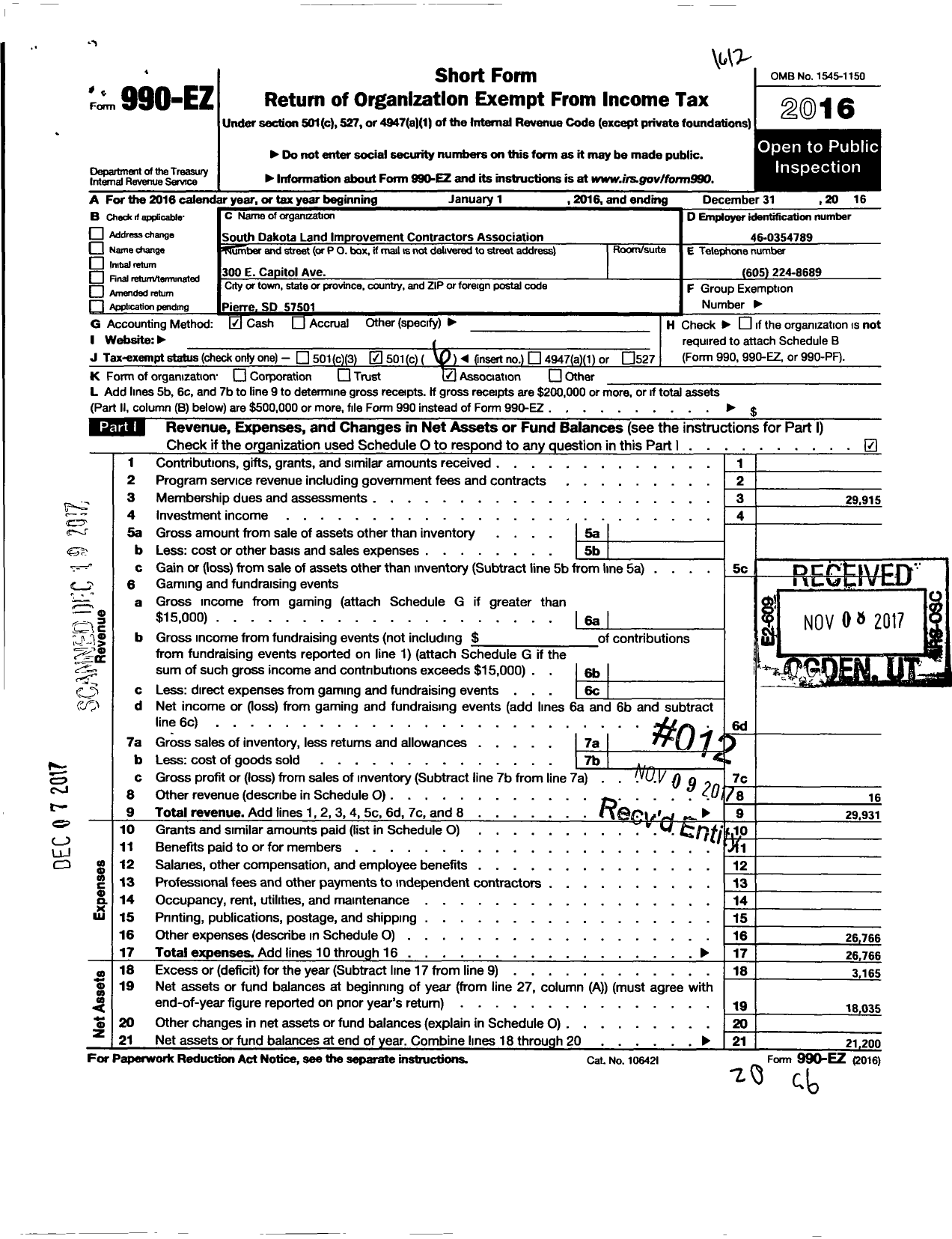 Image of first page of 2016 Form 990EO for South Dakota Land Improvement Contractors Association