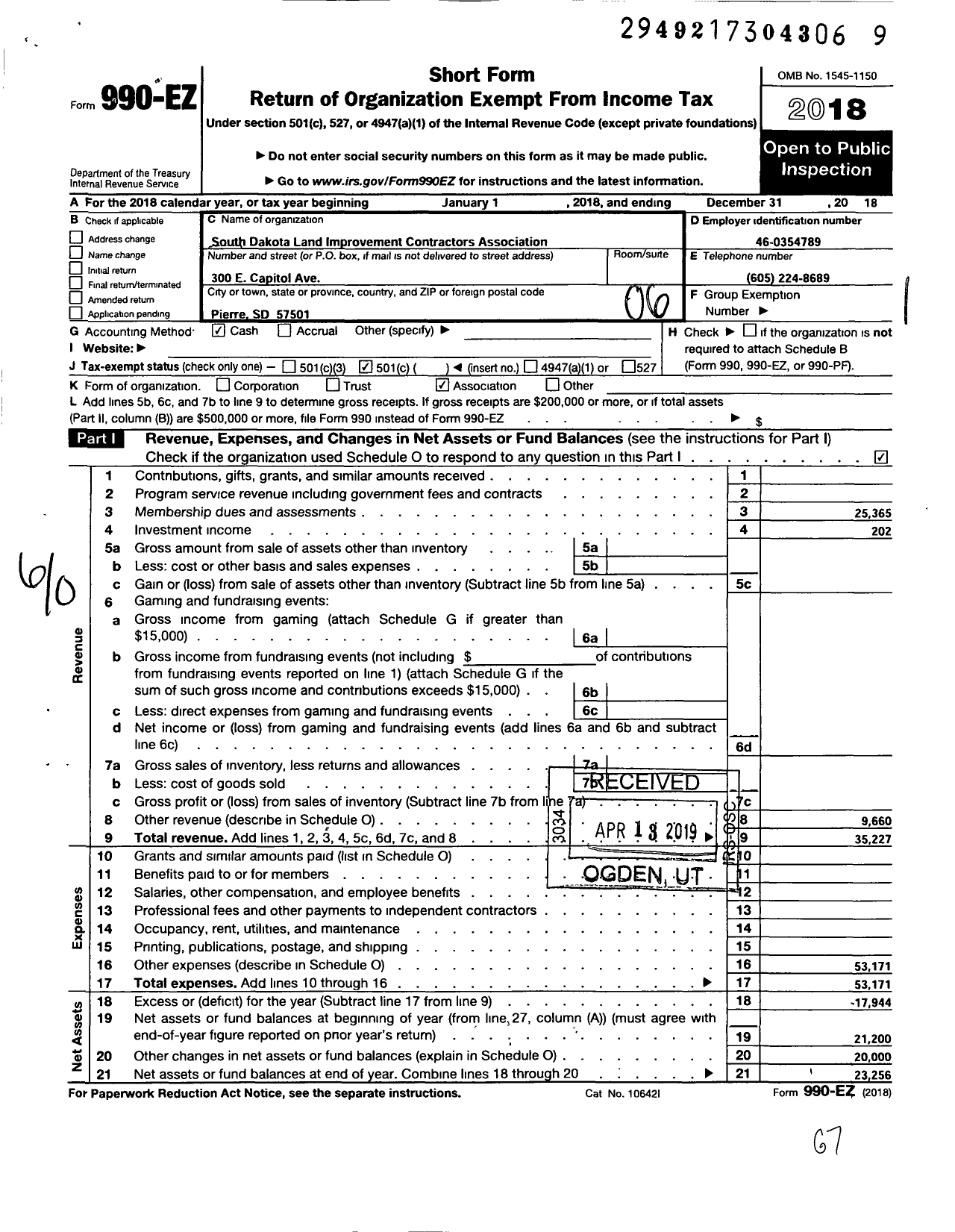 Image of first page of 2018 Form 990EO for South Dakota Land Improvement Contractors Association