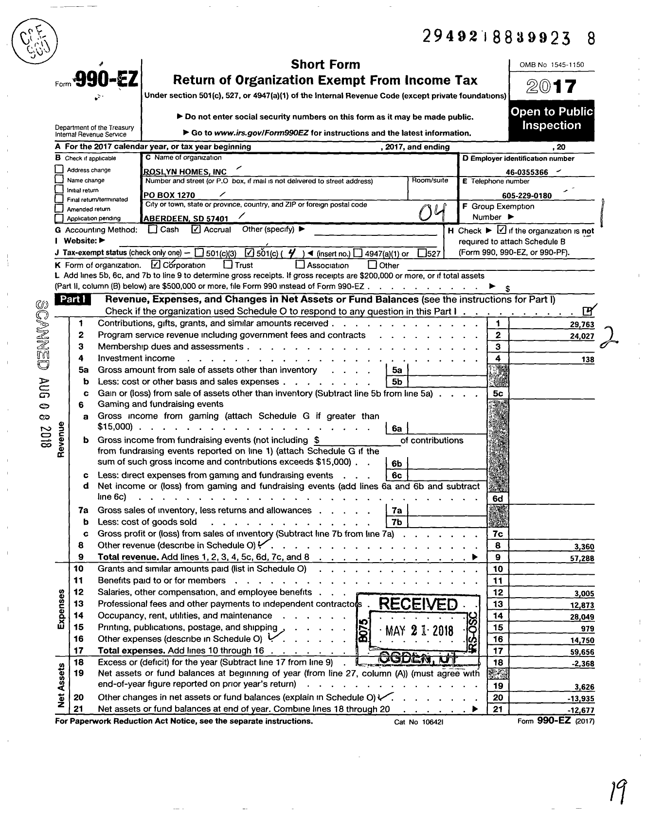 Image of first page of 2017 Form 990EO for Roslyn Homes