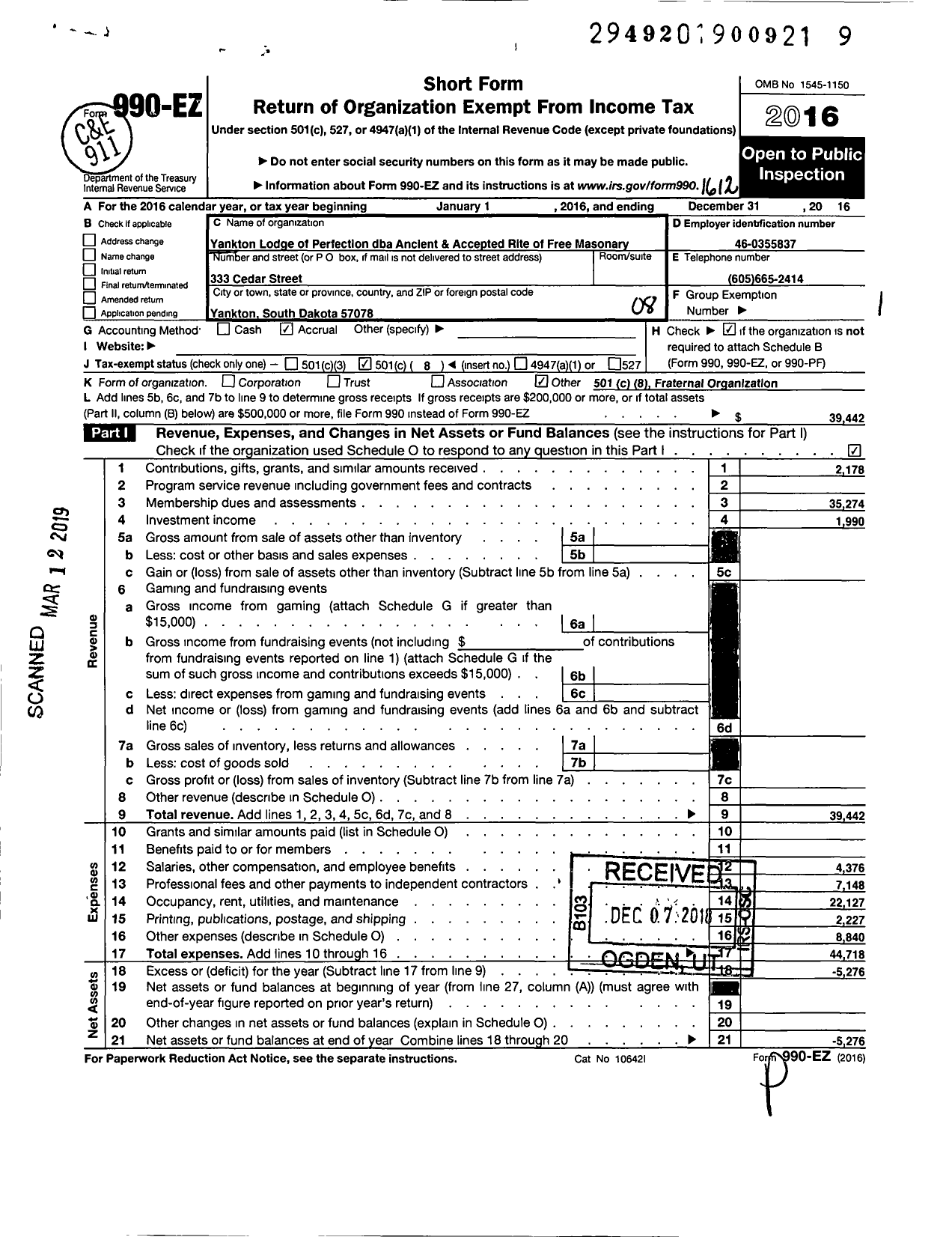 Image of first page of 2016 Form 990EO for SCOTTISH RITE of Freemasonry SOUTHERN JURISDICTION - Valley of Yankton & Coord Bodies