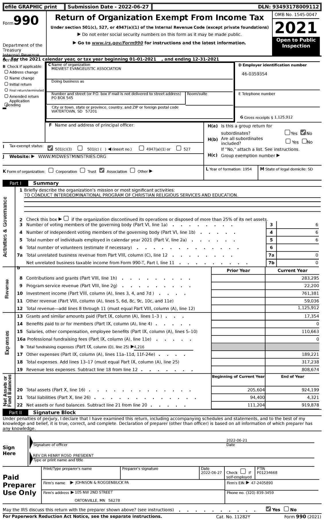 Image of first page of 2021 Form 990 for Midwest Evangelistic Association