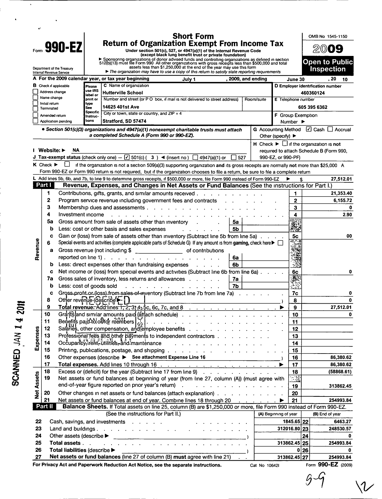 Image of first page of 2009 Form 990EZ for Hutterville School