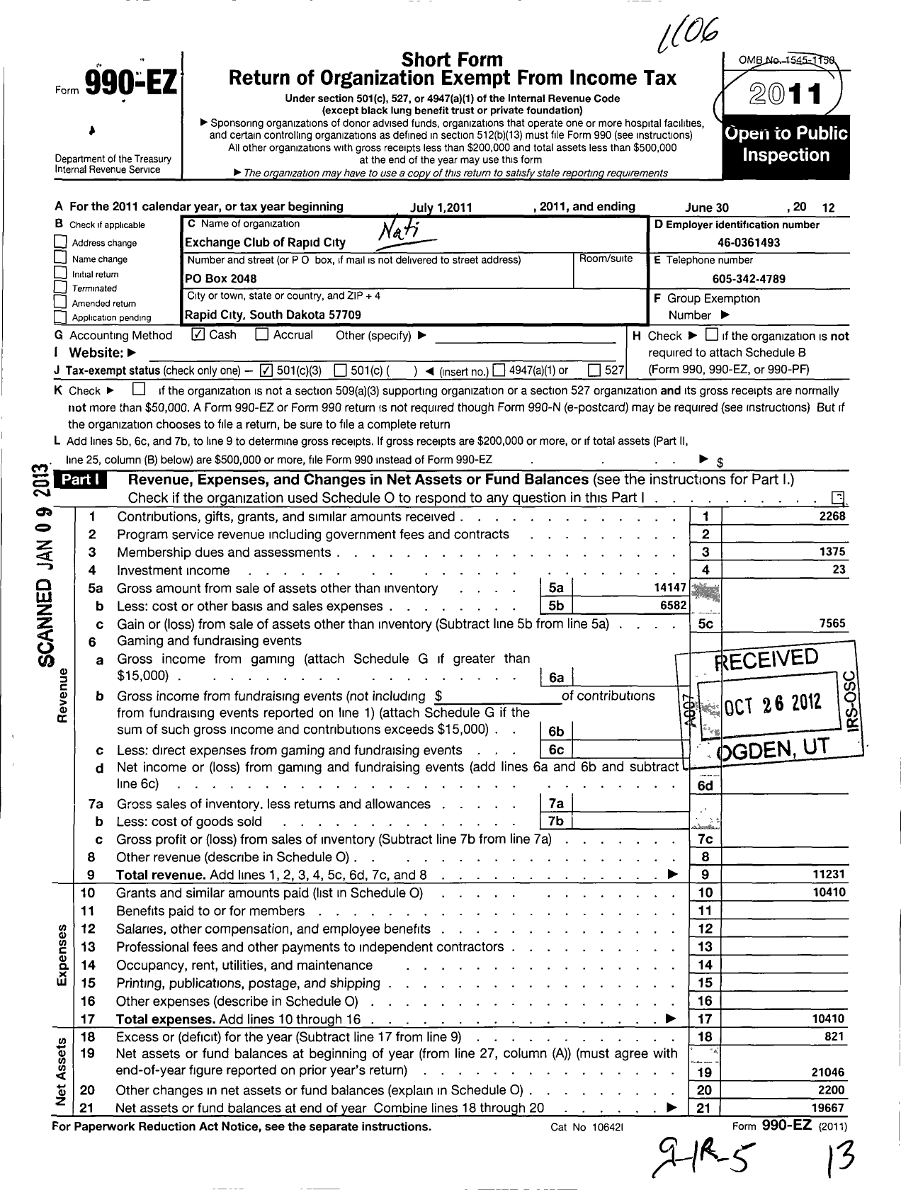 Image of first page of 2011 Form 990EZ for National Exchange Club - 2096 Rapid City SD