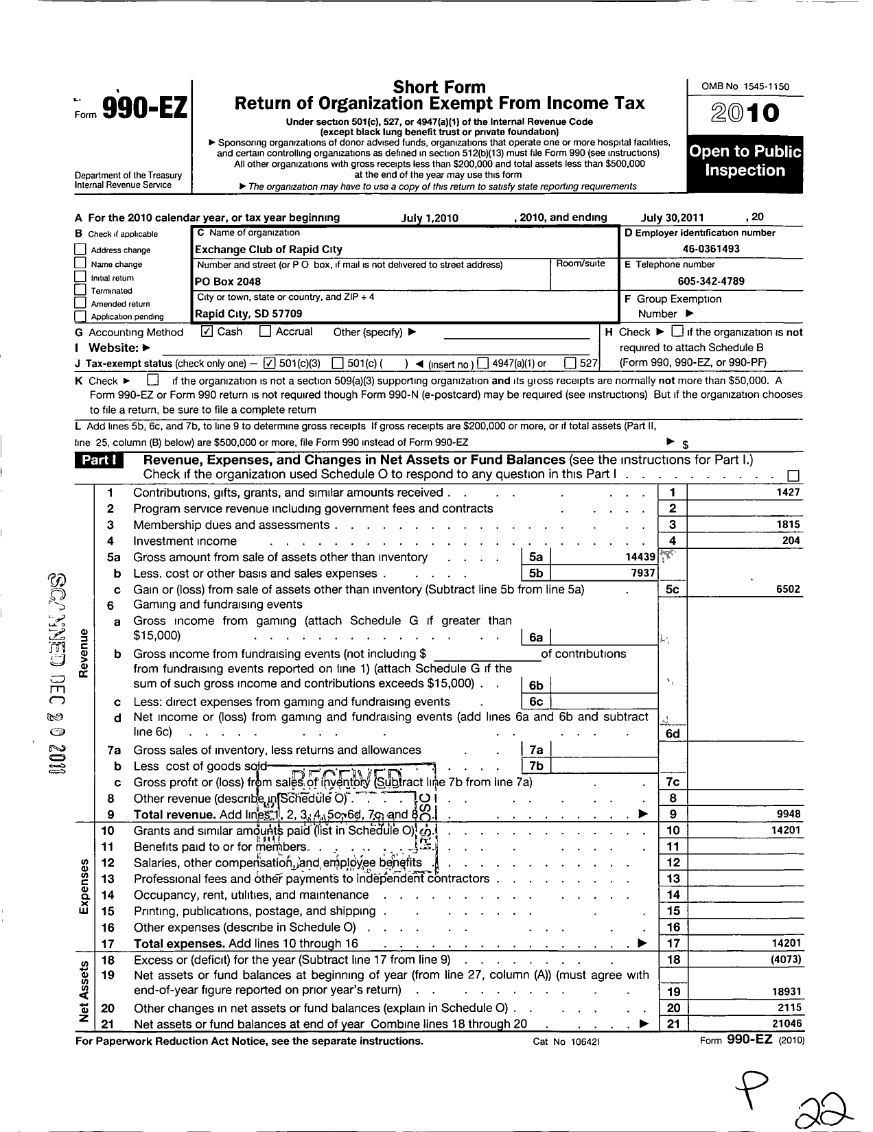 Image of first page of 2010 Form 990EZ for National Exchange Club - 2096 Rapid City SD